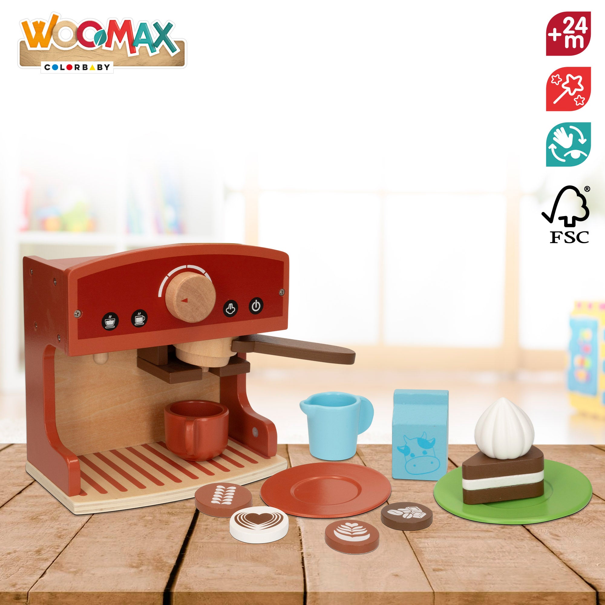 WOOMAX Cafetera de juguete madera con accesorios