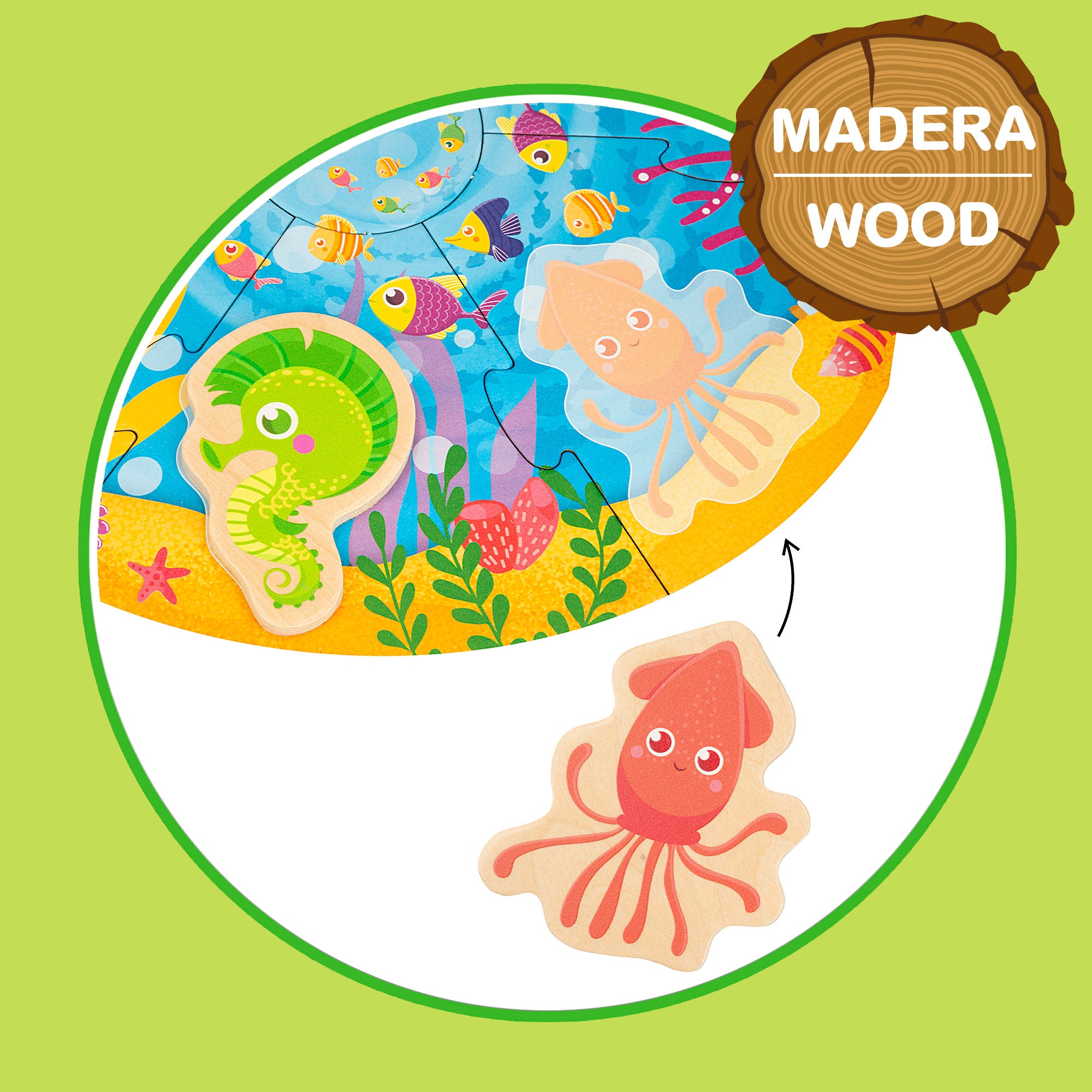 Montessori Lisciani Puzzle redondo mar 7 piezas con 6 animales de madera