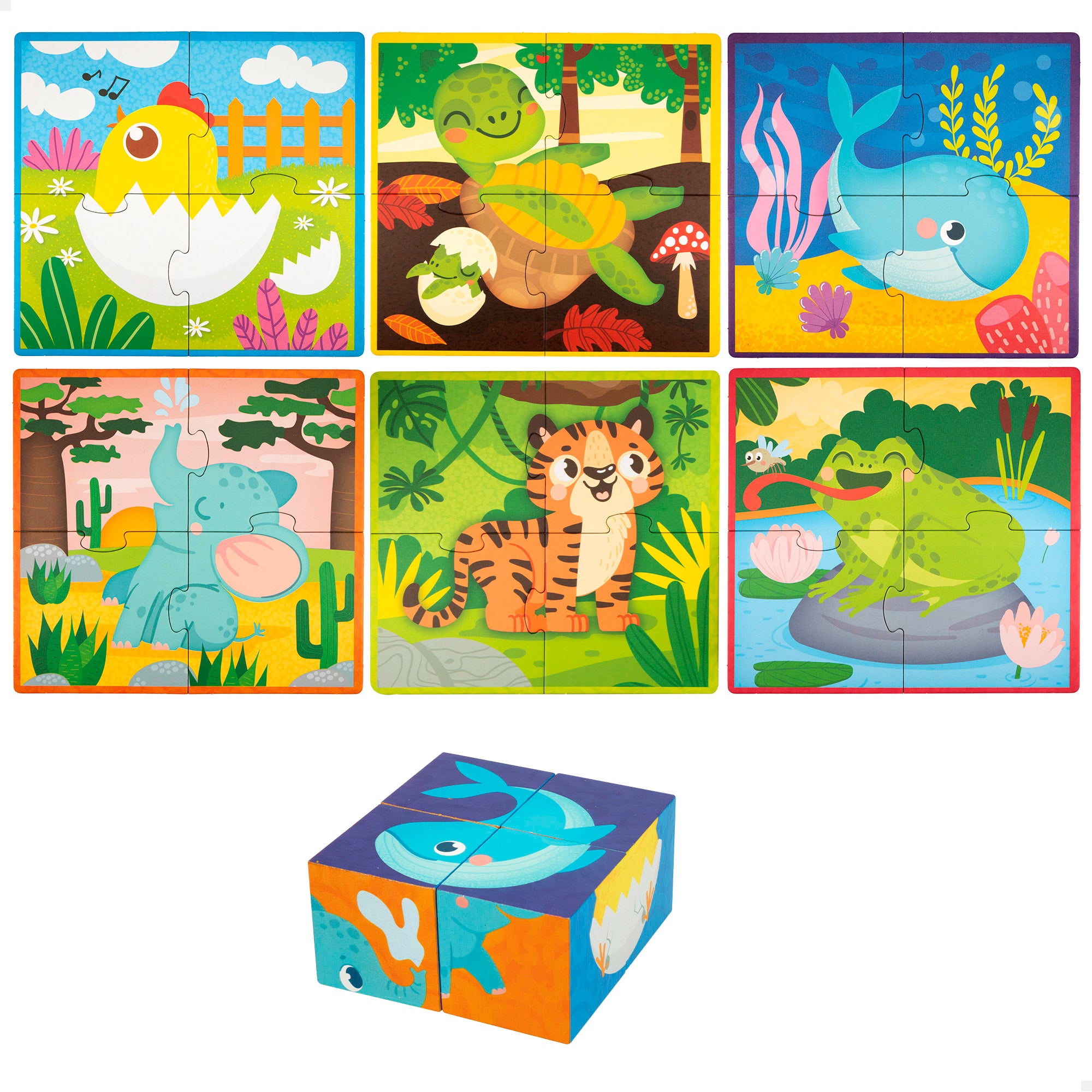 Montessori Lisciani 6 Puzzles animales 4 piezas con 4 cubos madera