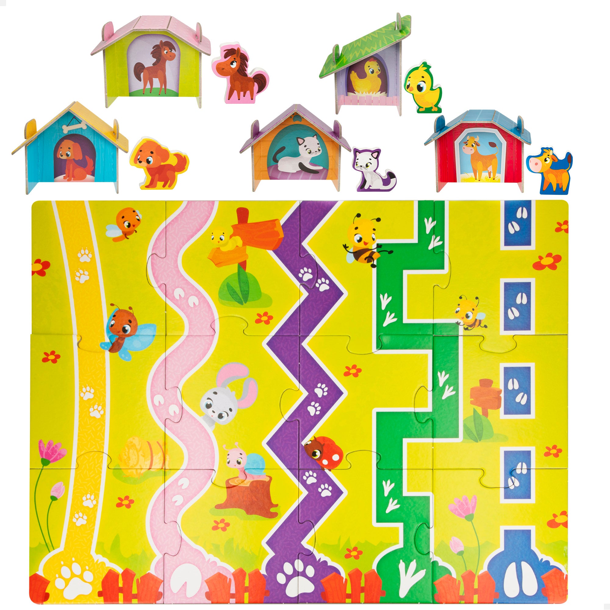 Montessori Lisciani Puzzle granja 12 piezas con 5 animales madera y 5 casas 3D