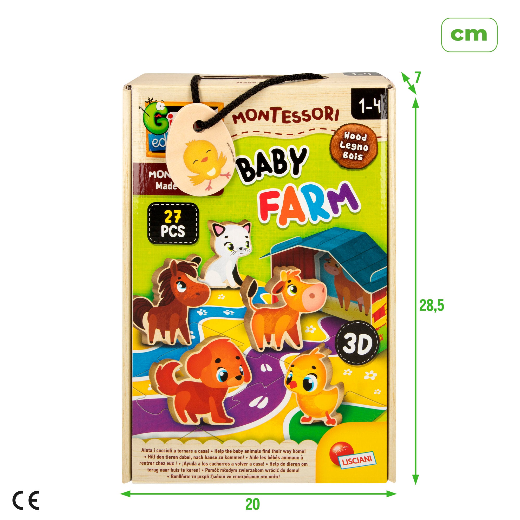 Montessori Lisciani Puzzle granja 12 piezas con 5 animales madera y 5 casas 3D