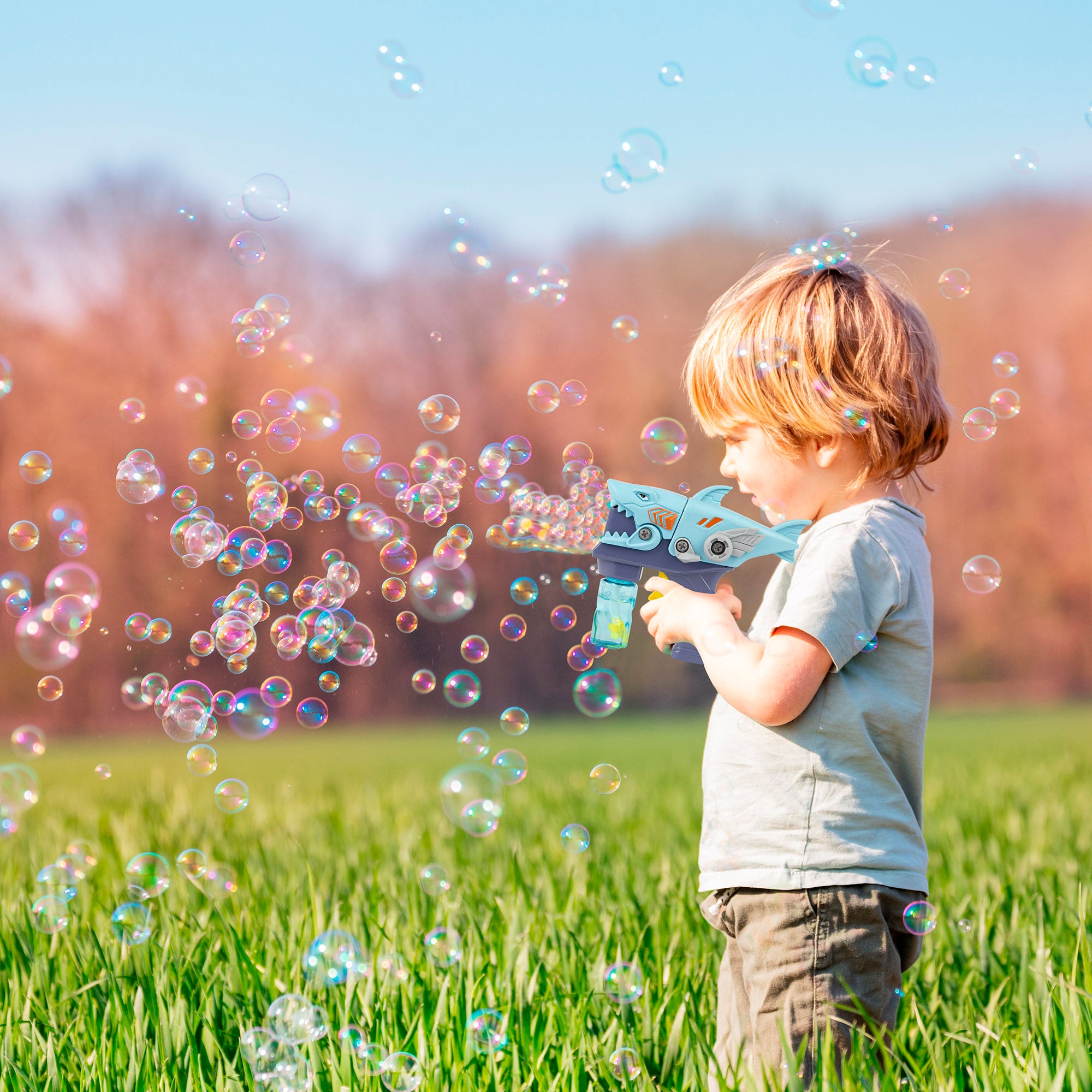 Pistola de pompas de jabón recargable y desmontable tiburón 20 cm Color Bubbles
