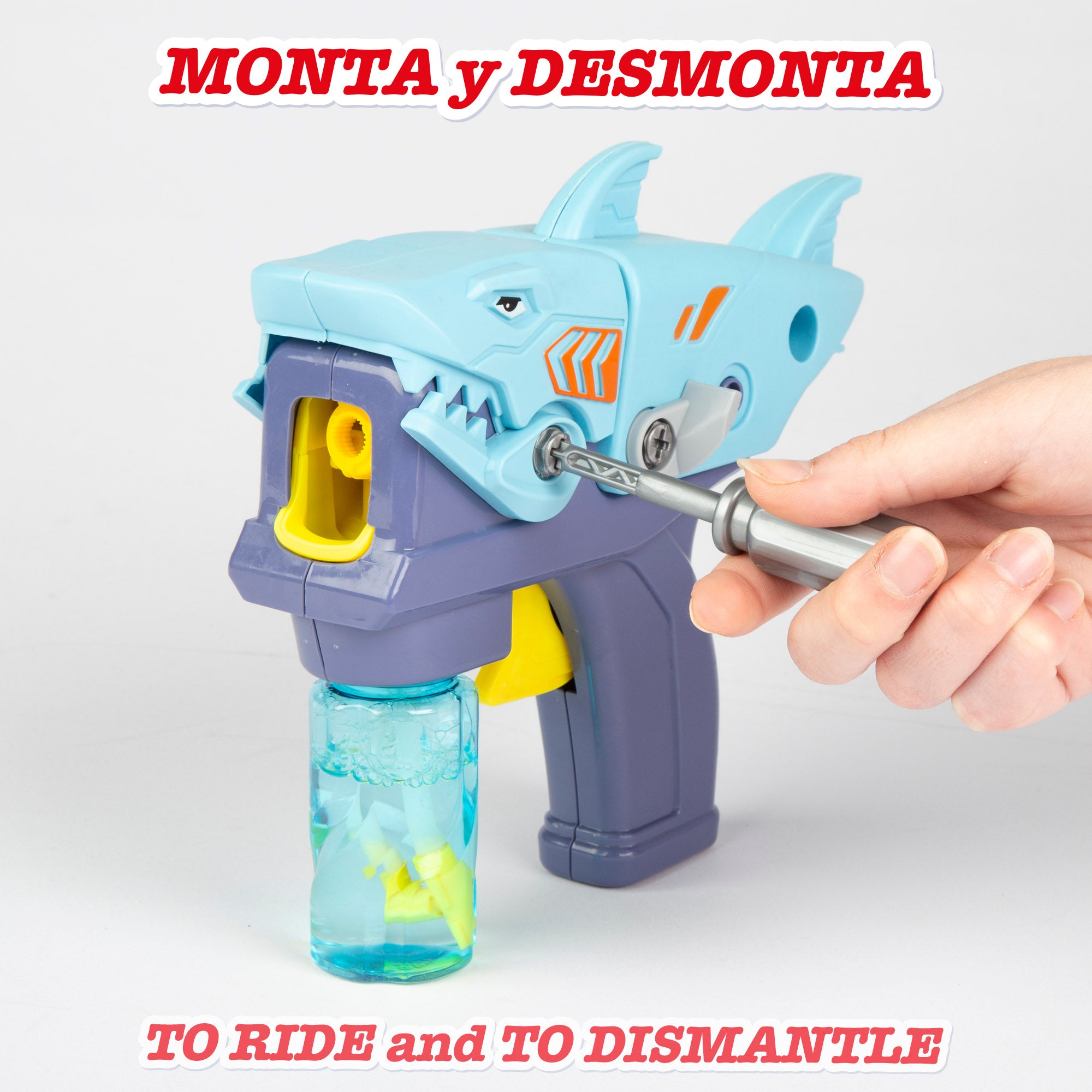 Pistola de pompas de jabón recargable y desmontable tiburón 20 cm Color Bubbles