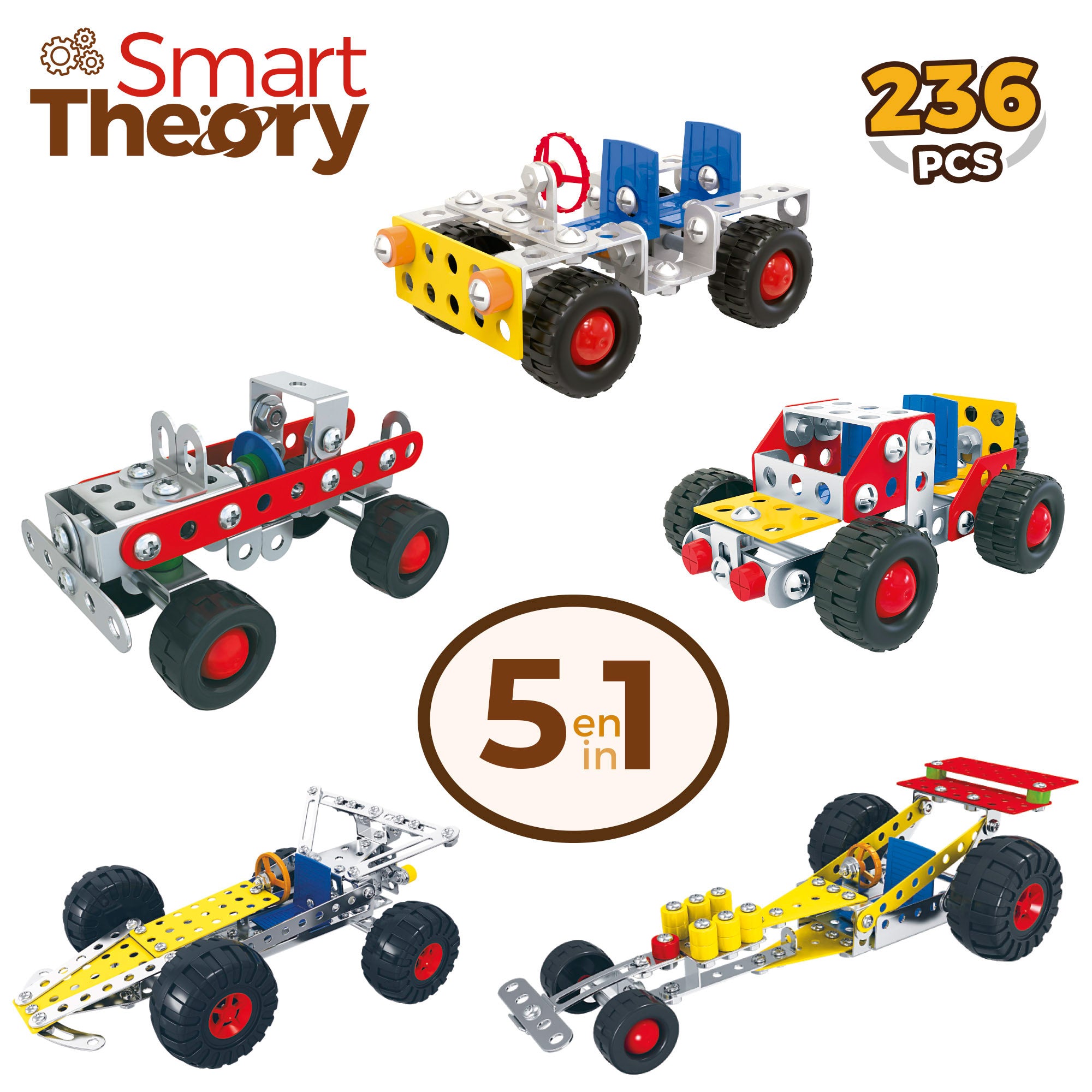Juego construcción 5 coches de metal 236 piezas Smart Theory