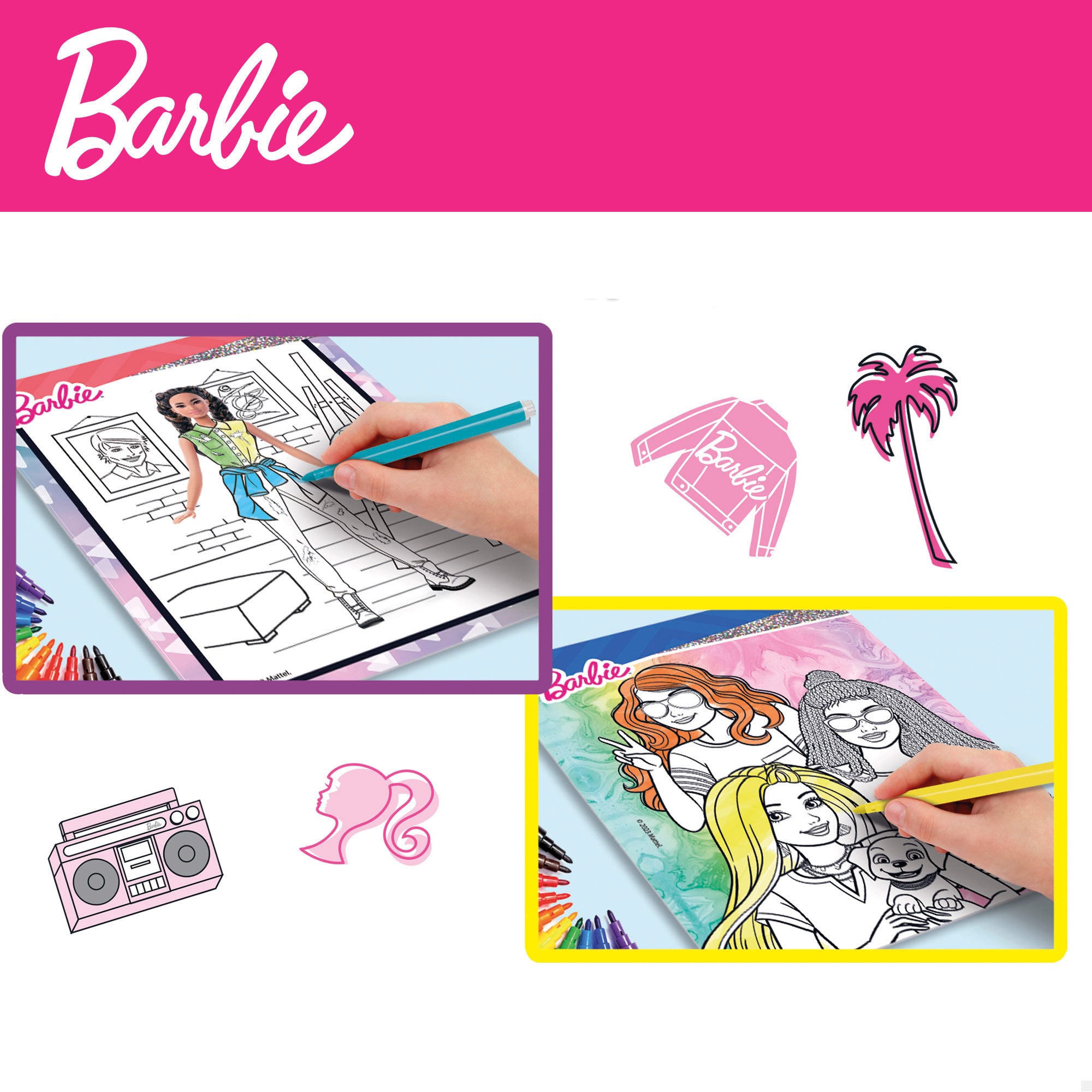 Barbie Fashion Studio diseña, pega y colorea