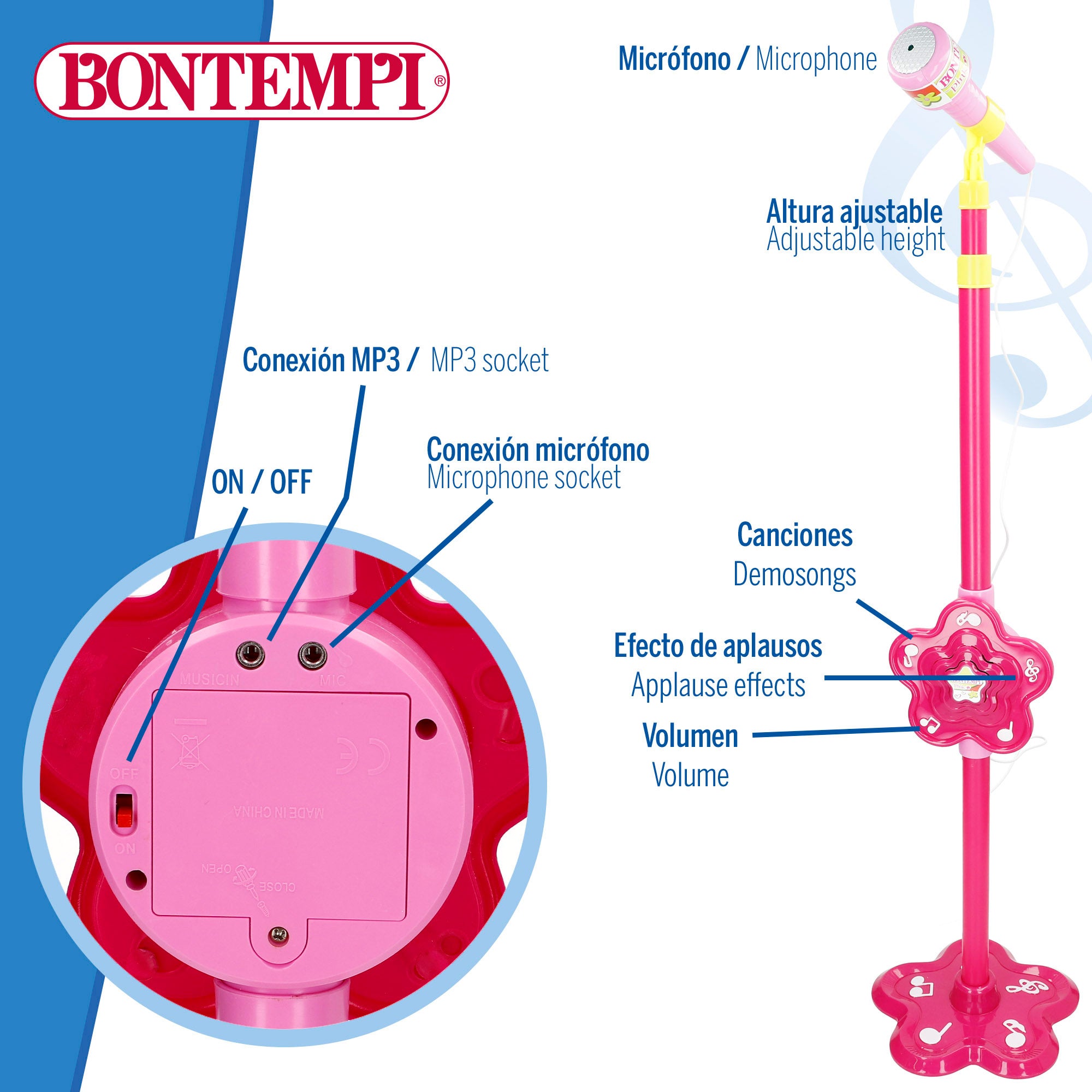 Micrófono de escenario juguete regulable fucsia Bontempi