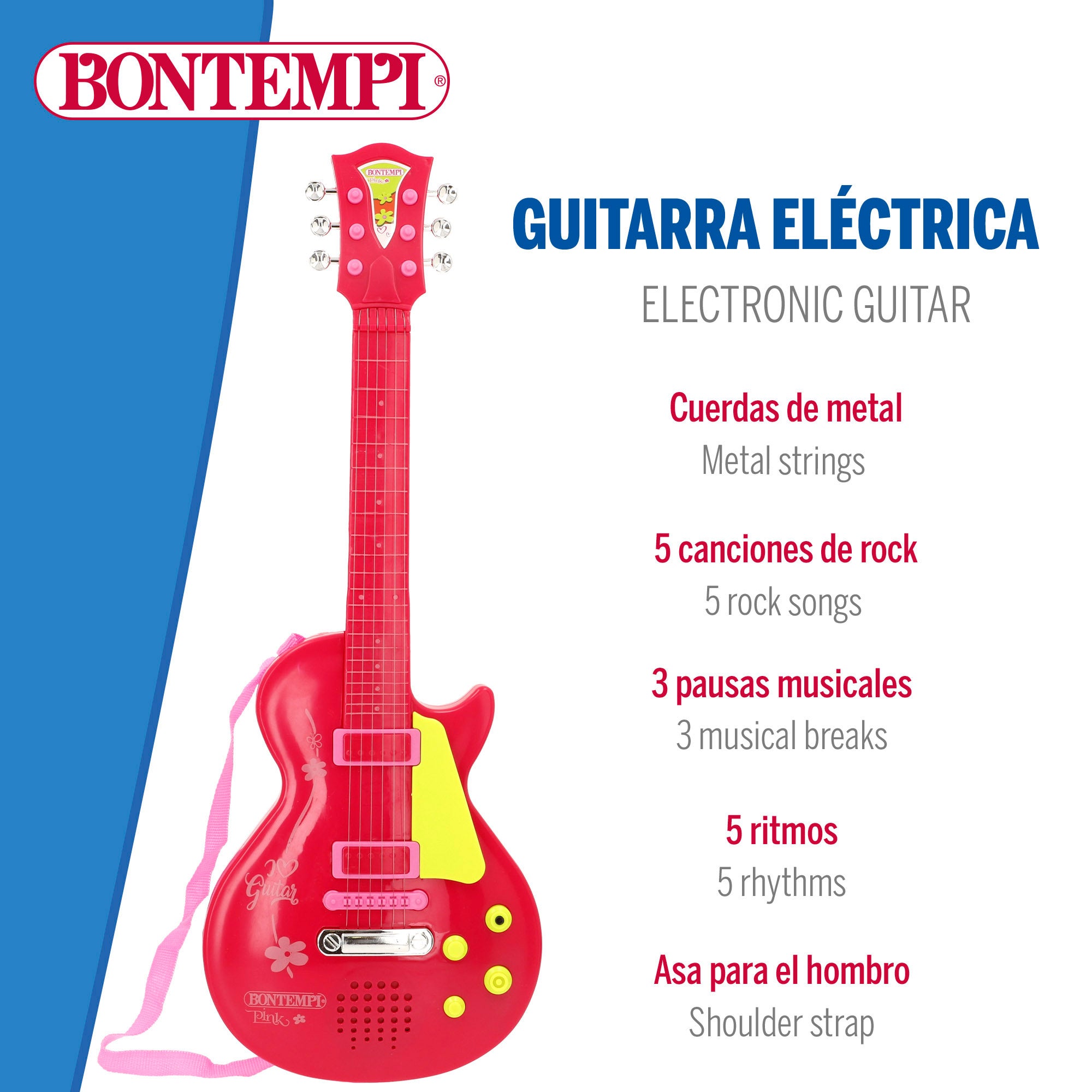 Guitarra eléctrica de juguete rock rojo y rosa 56 cm Bontempi