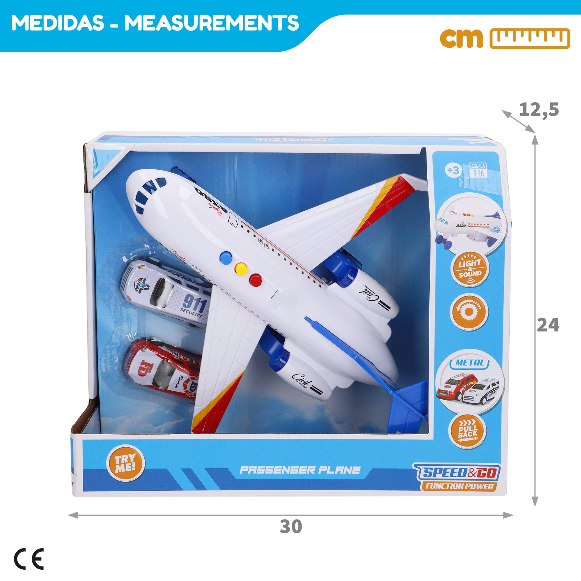 Set avión juguete con luz y sonido + coches metal Speed & Go