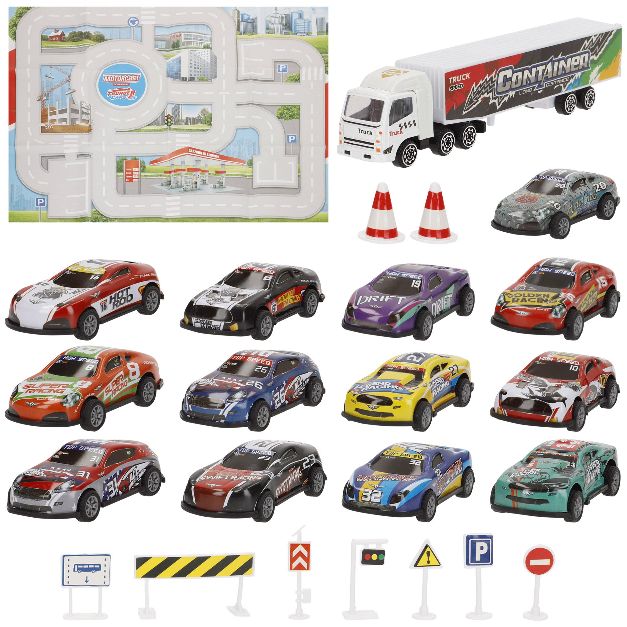 Set circuito ciudad con vehículos fricción 1:87 y señales de tráfico Speed & Go