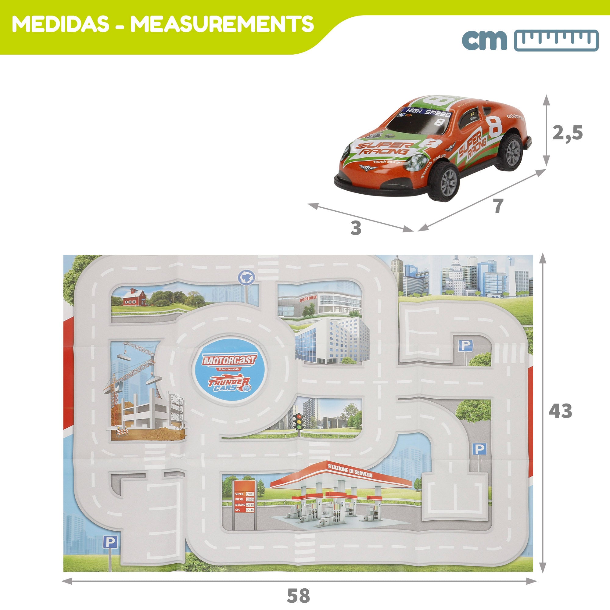Set circuito ciudad con vehículos fricción 1:87 y señales de tráfico Speed & Go