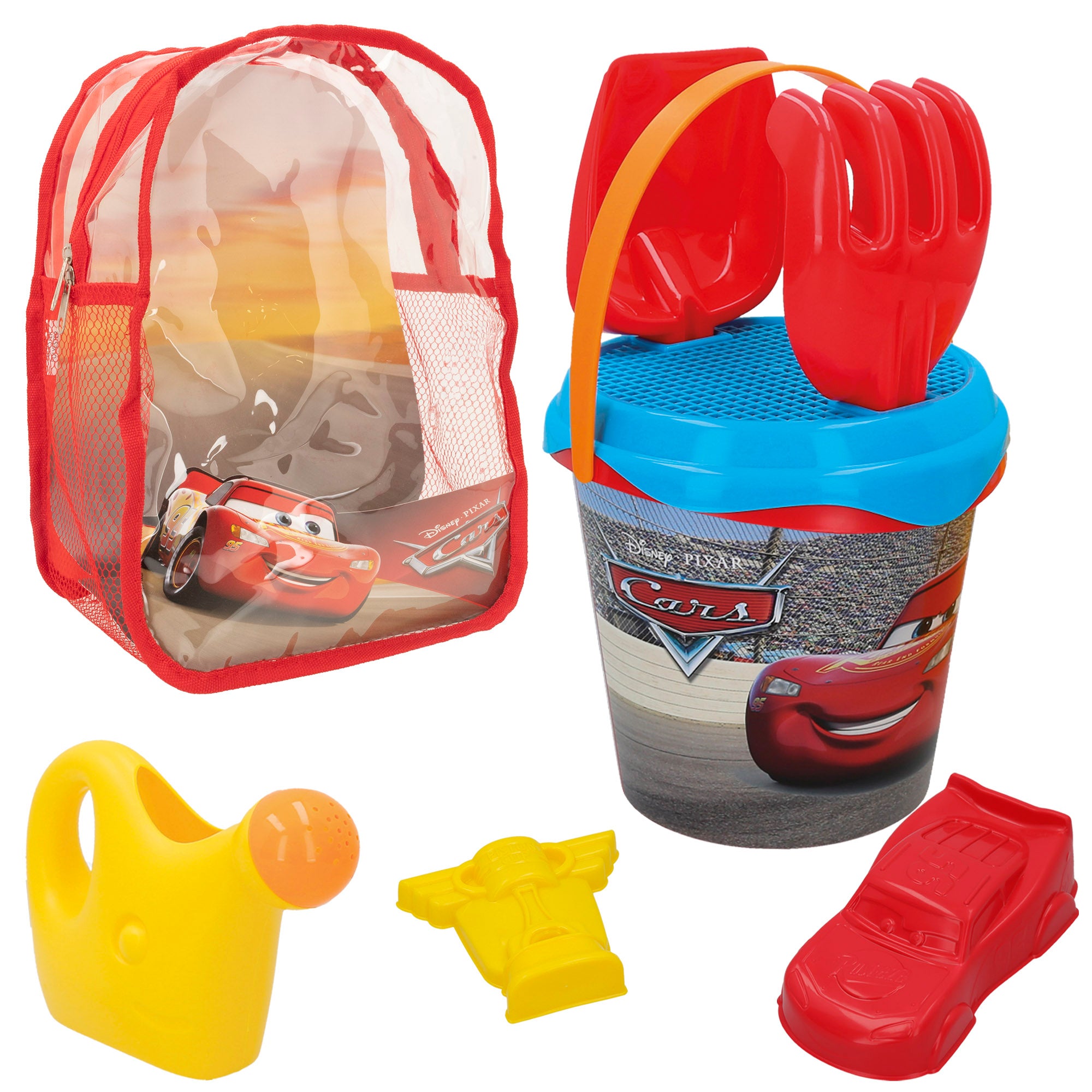 Cars Set cubo playa con accesorios y mochila transporte