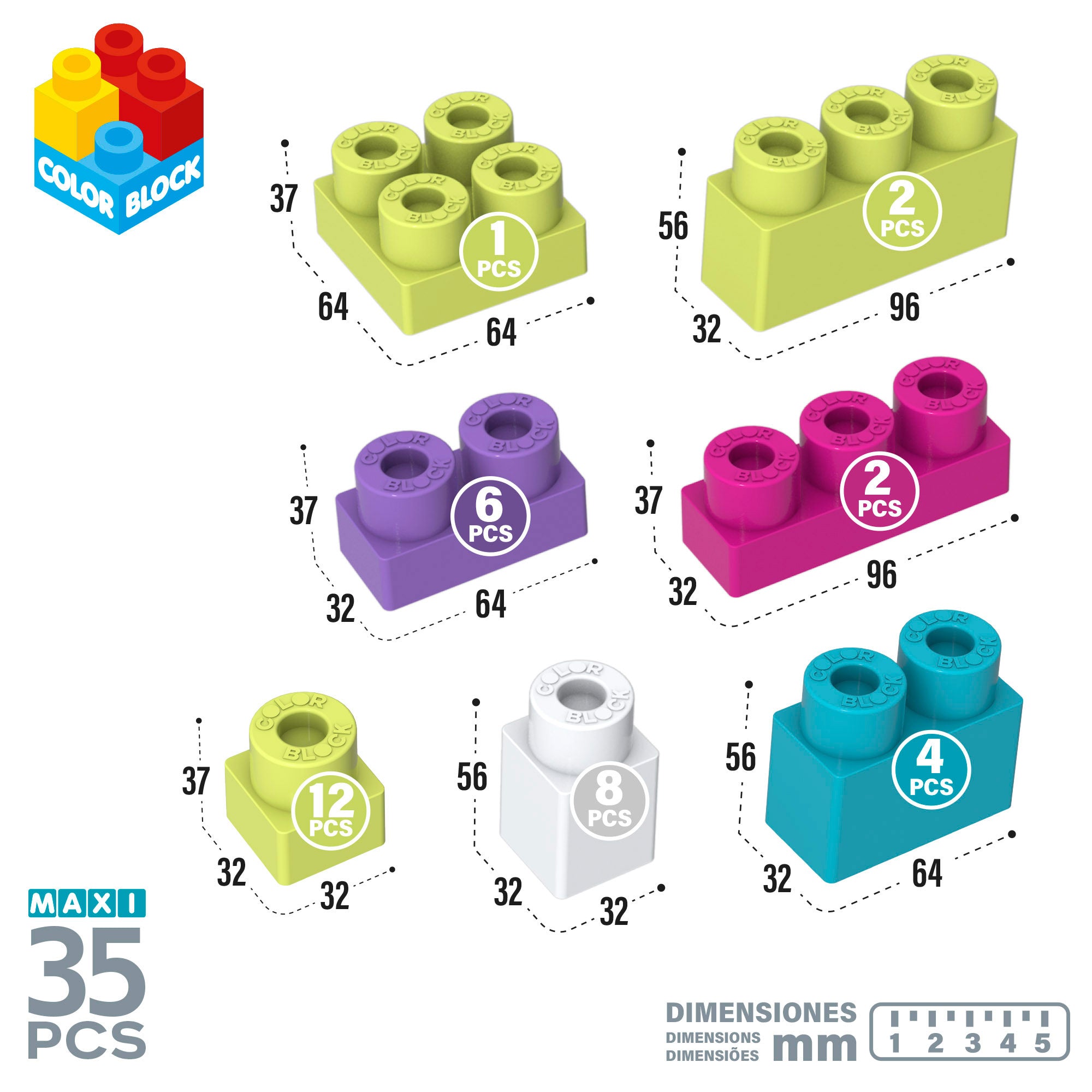 Cubo bloques construcción 35 piezas Color Block Maxi