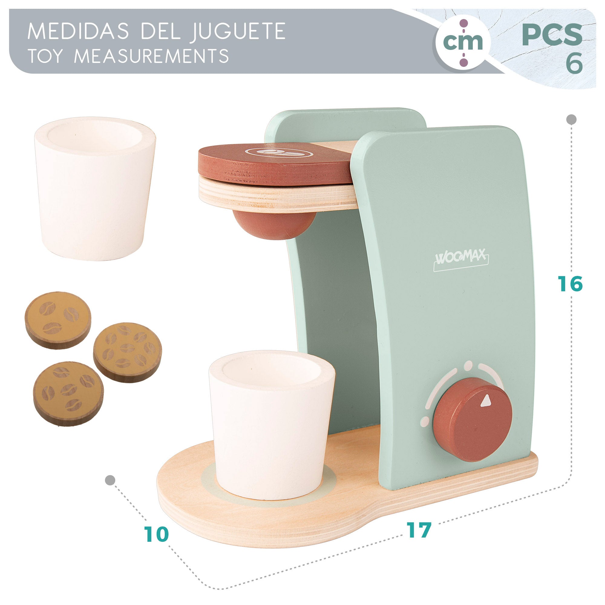 WOOMAX Cafetera de juguete de madera con accesorios