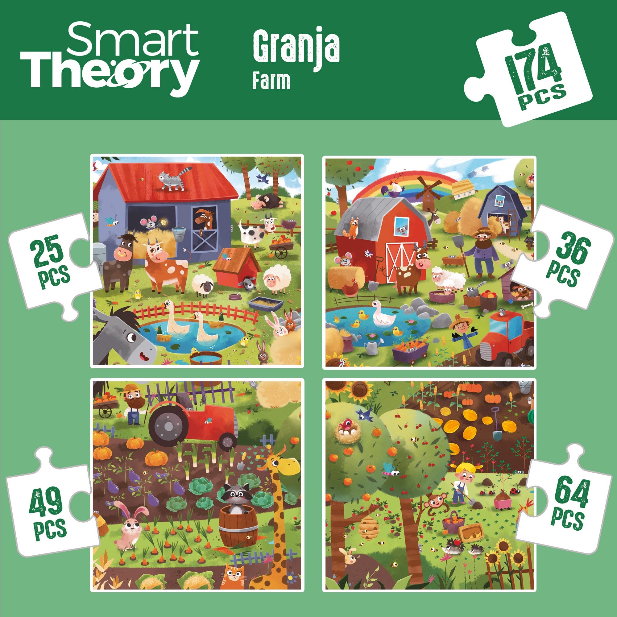 Puzzle granja 4 en 1 de 174 piezas grandes Smart Theory