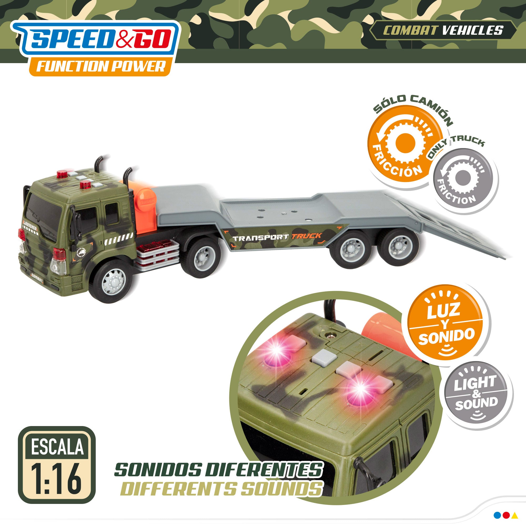 Camión de juguete portacoches militares con luz y sonido Speed & Go