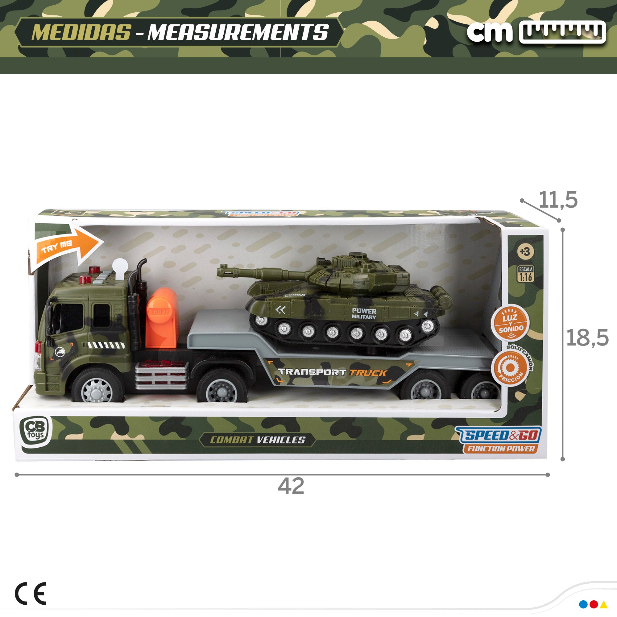 Camión de juguete portacoches militares con luz y sonido Speed & Go