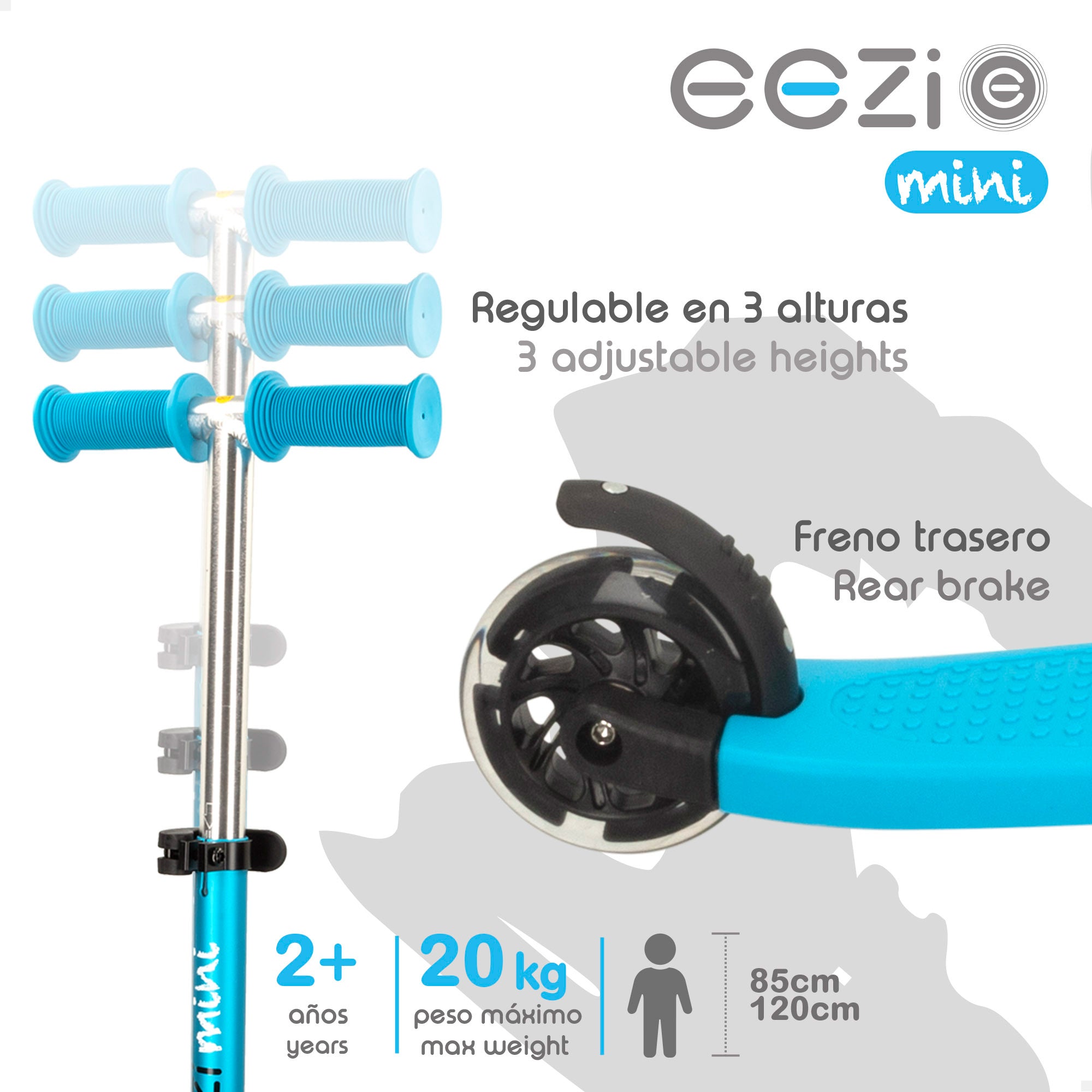Patinete 3 ruedas azul con luces y manillar desmontable EEZI