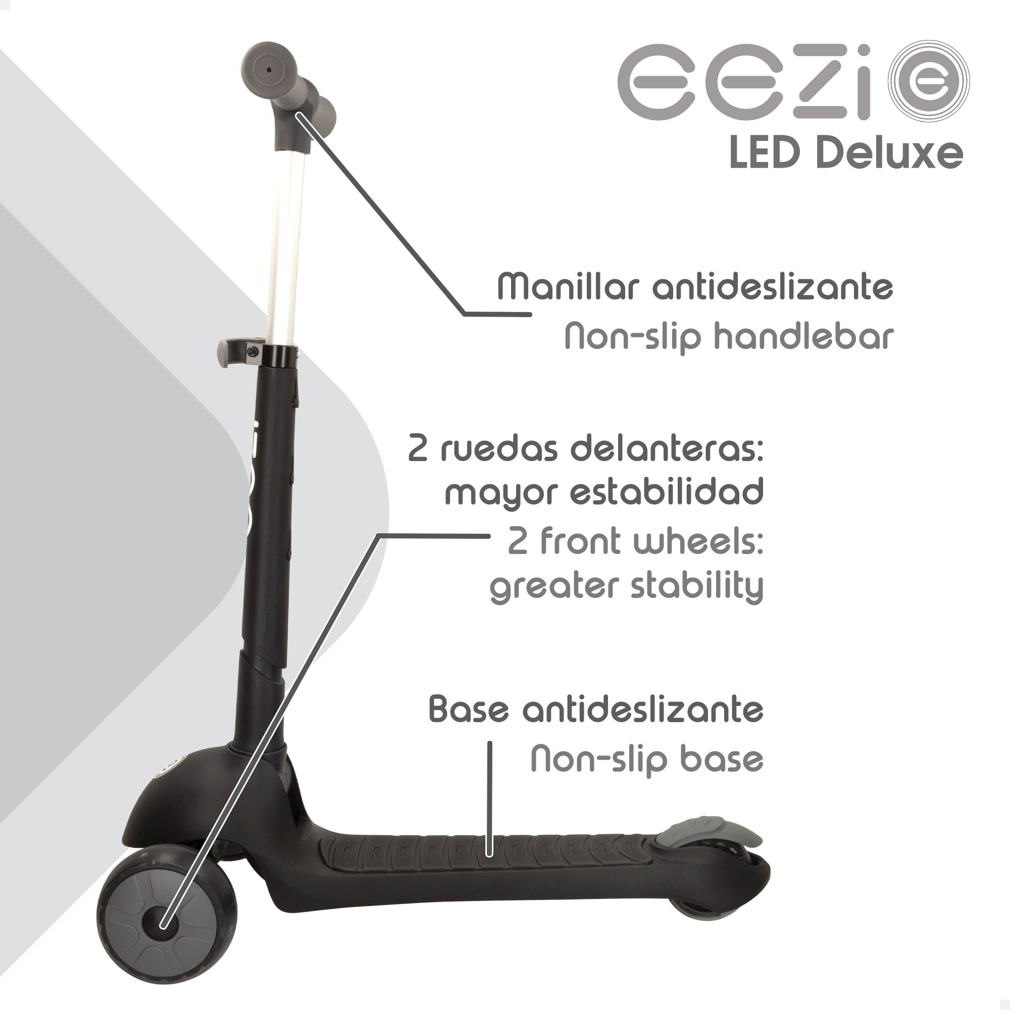 Patinete 3 ruedas negro con luces y manillar plegable EEZI