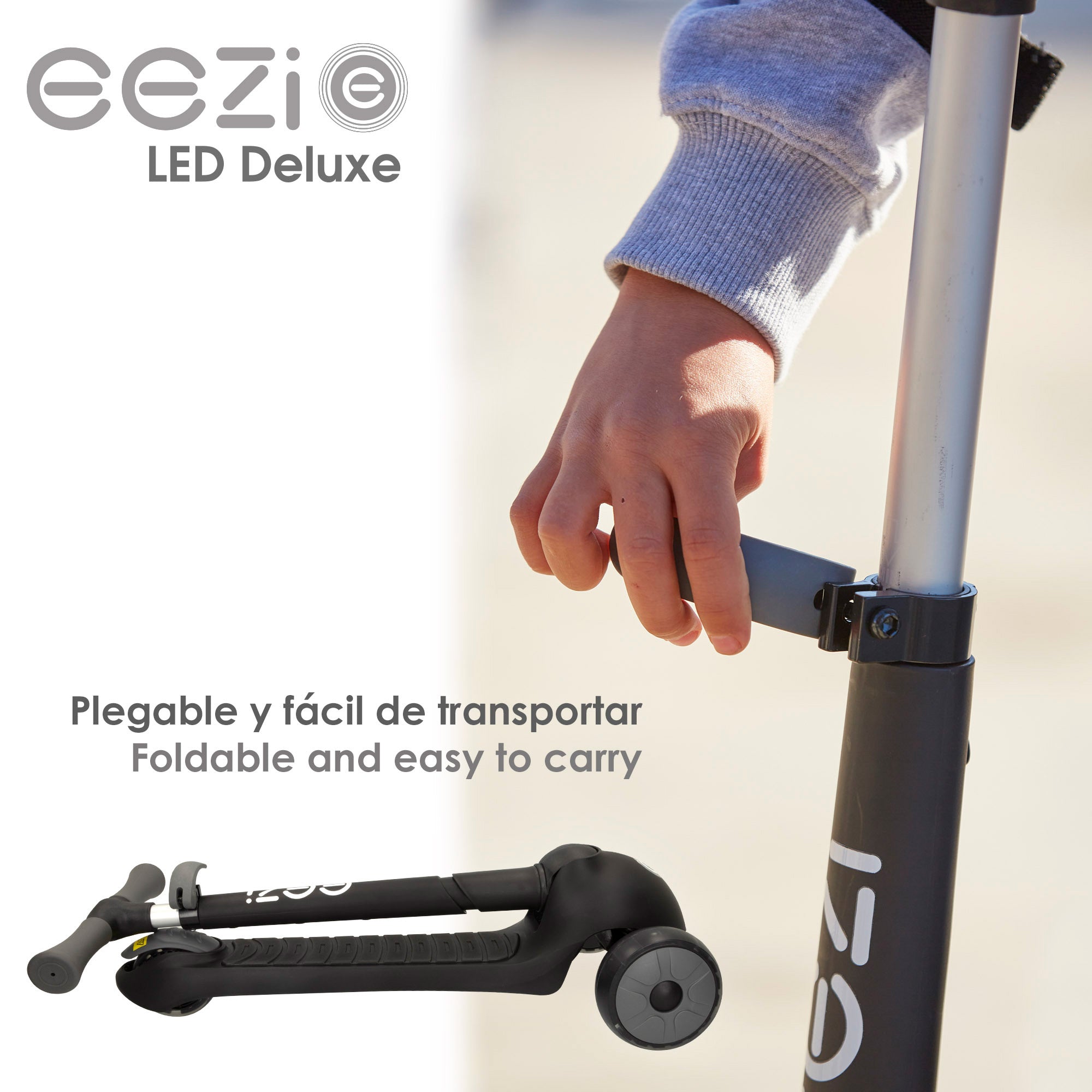 Patinete 3 ruedas negro con luces y manillar plegable EEZI