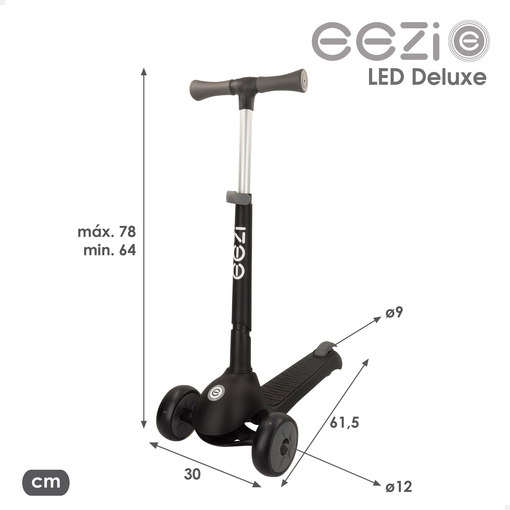 Patinete 3 ruedas negro con luces y manillar plegable EEZI