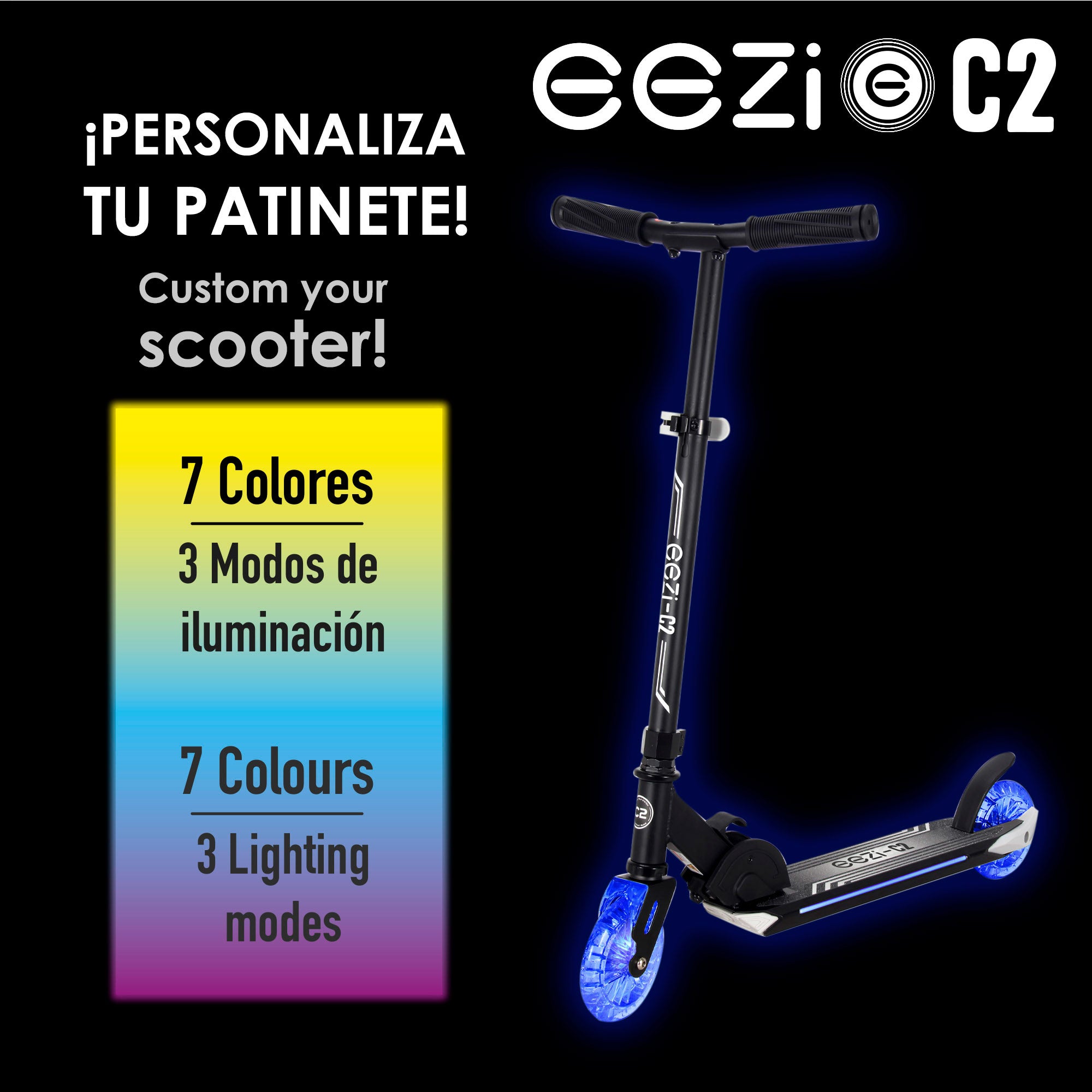 Patinete 2 ruedas negro plegable con luces personalizables EEZI