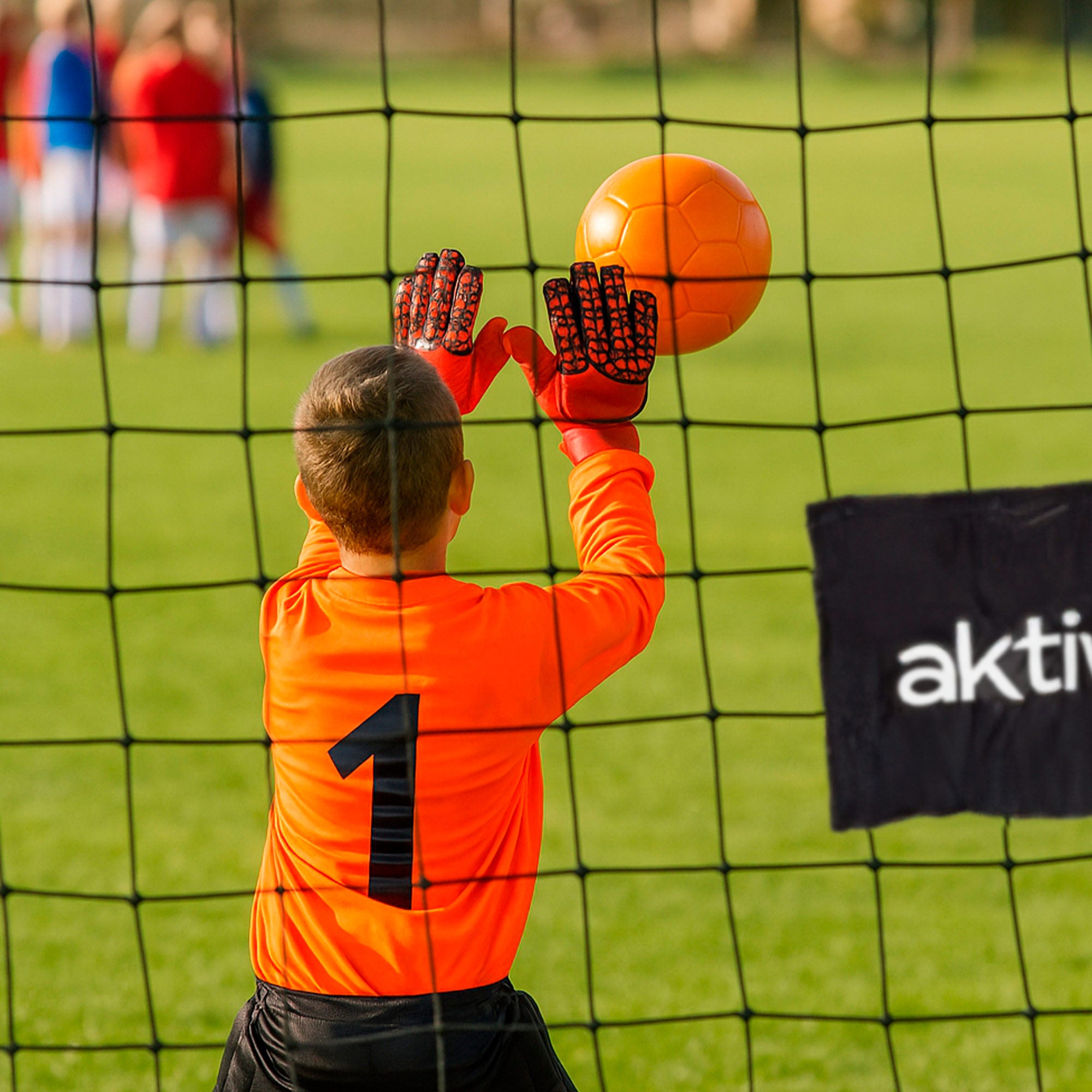 Aktive portería de fútbol 3 m de acero con red resistente y 7 piquetas