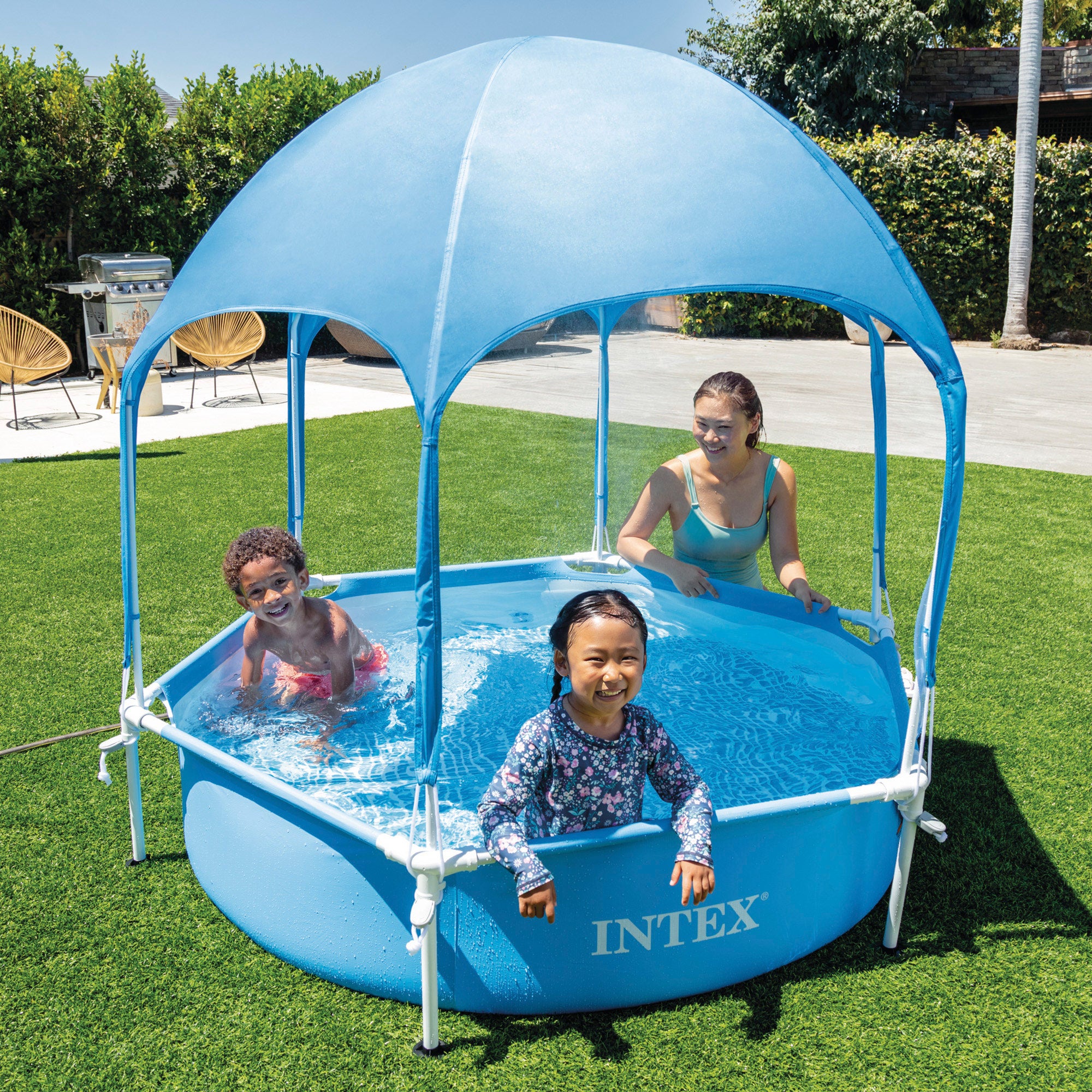 INTEX Piscina desmontable hexagonal 700 litros Canopy Metal Frame con toldo desmontable