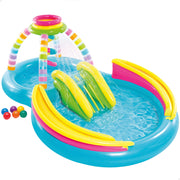INTEX Piscina hinchable doble multicolor con tobogán, aspersor y juegos de bolas