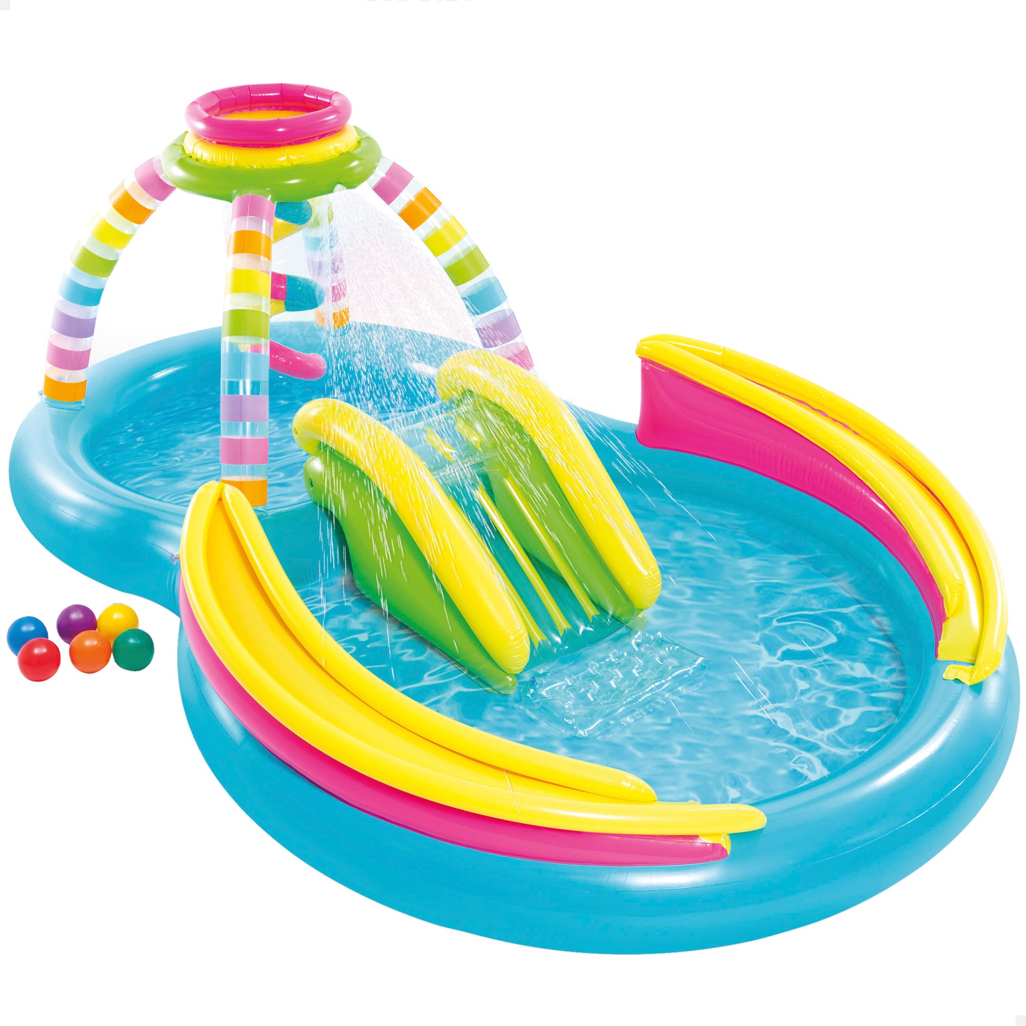 INTEX Piscina hinchable doble multicolor con tobogán, aspersor y juegos de bolas