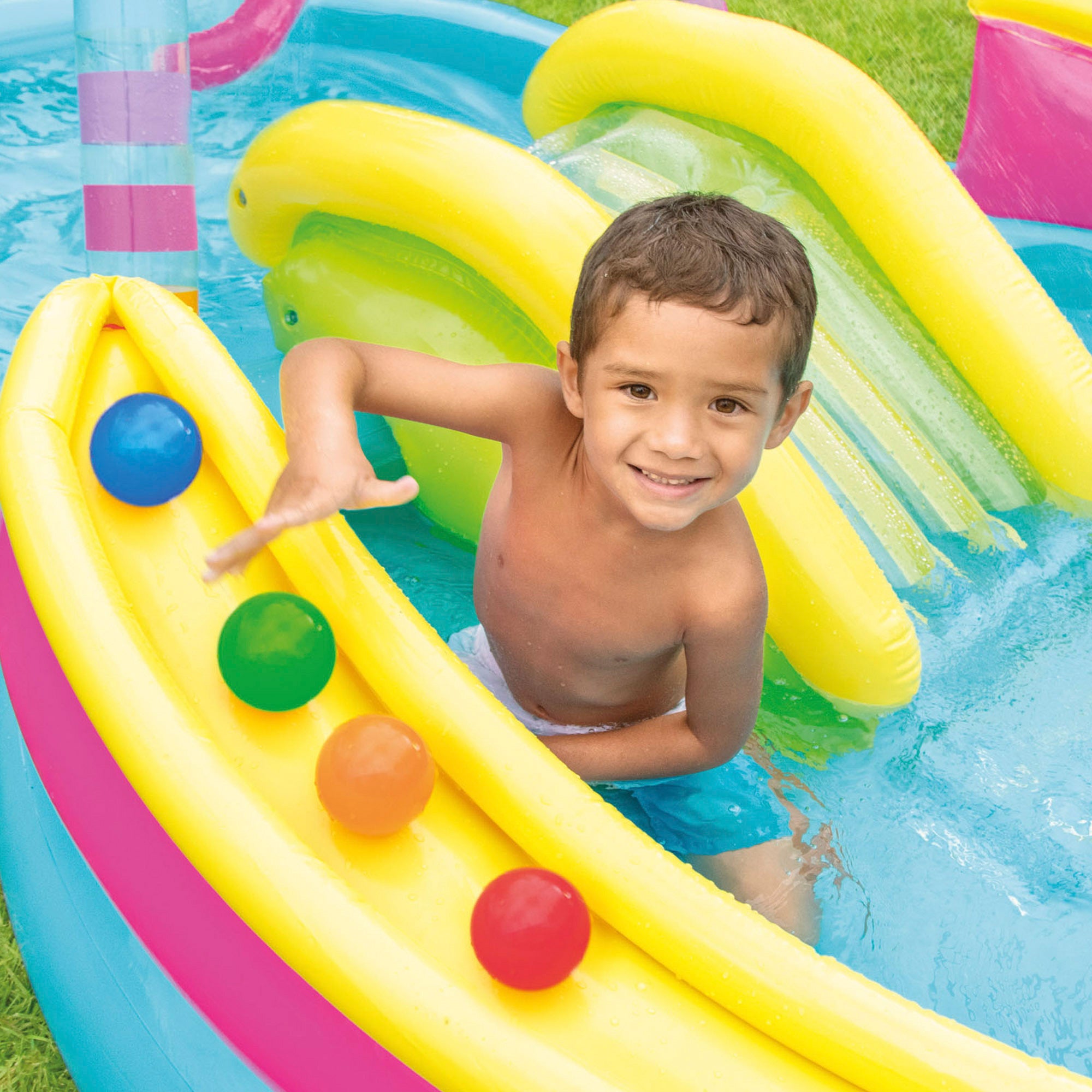 INTEX Piscina hinchable doble multicolor con tobogán, aspersor y juegos de bolas