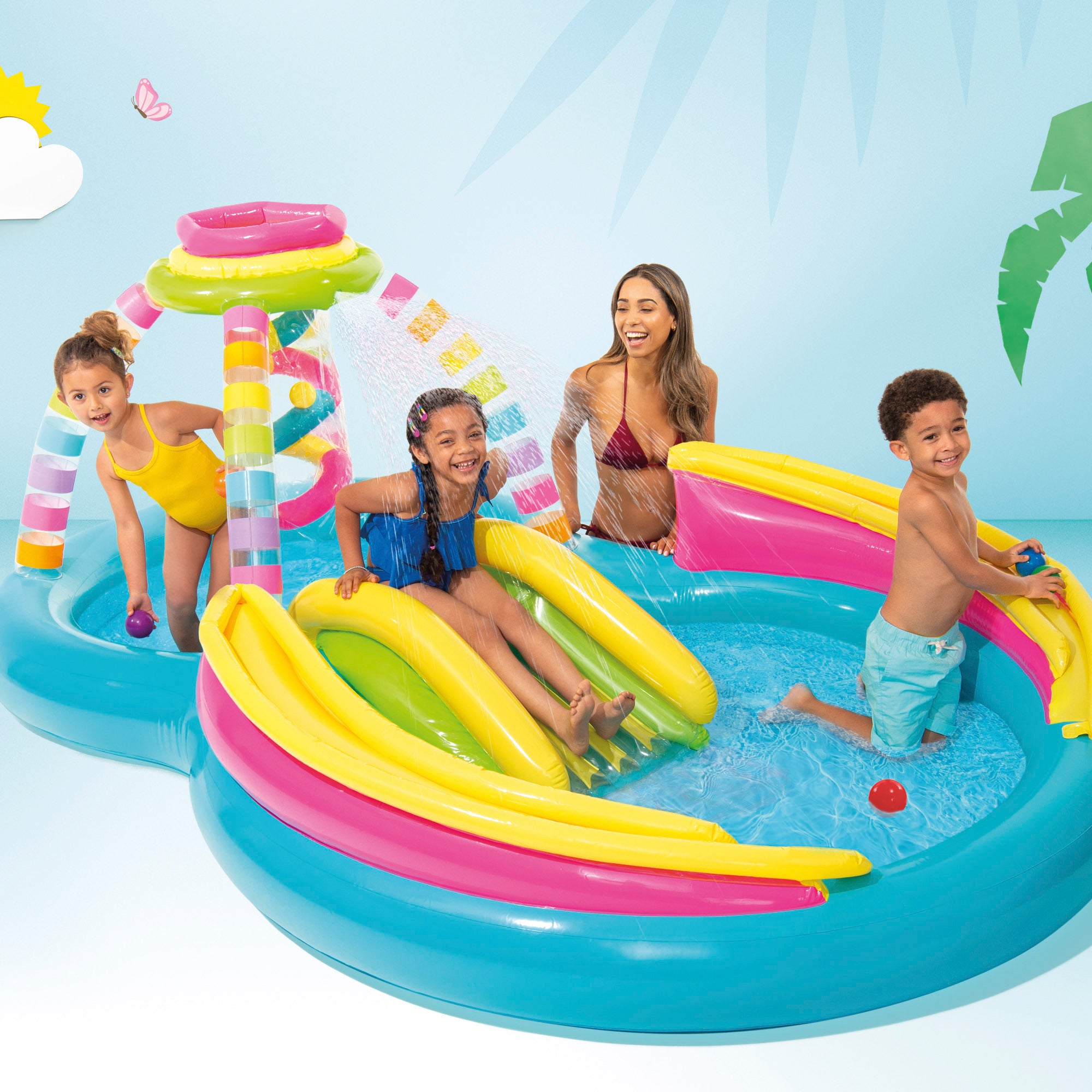 INTEX Piscina hinchable doble multicolor con tobogán, aspersor y juegos de bolas