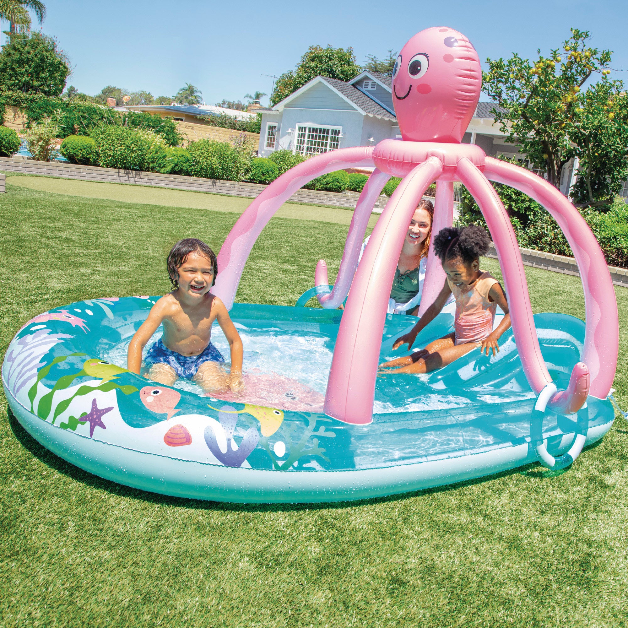 INTEX Centro de juegos hinchable agua pulpo con aspersor, tobogán y juego de anillas
