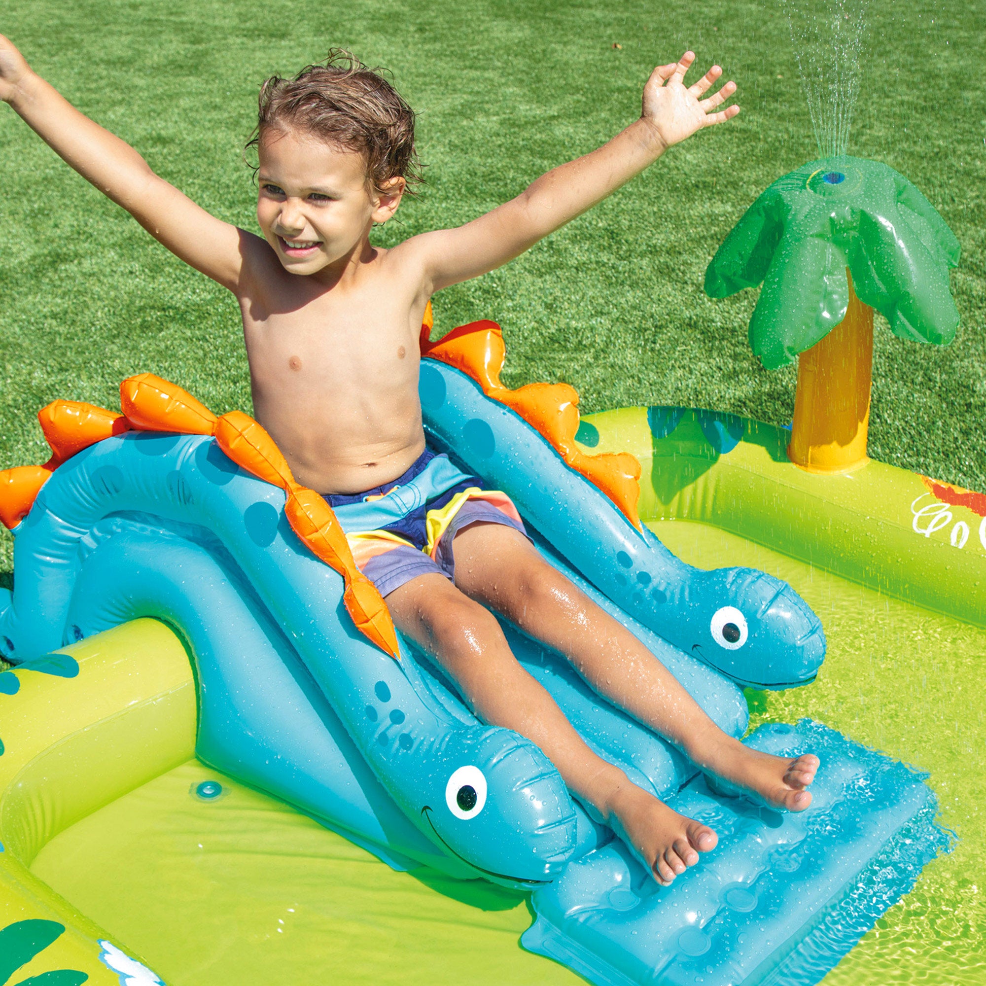 INTEX Centro de juegos dinosaurios hinchable tobogán y ducha