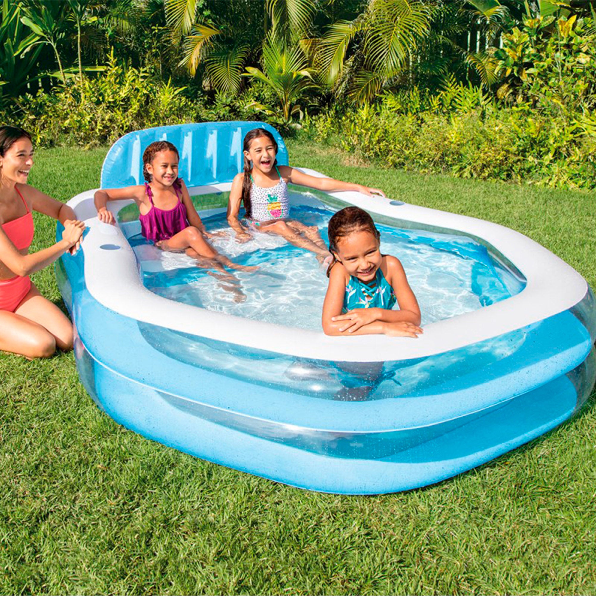 INTEX Piscina hinchable infantil con sillón y toldo azul 229x191x135 cm