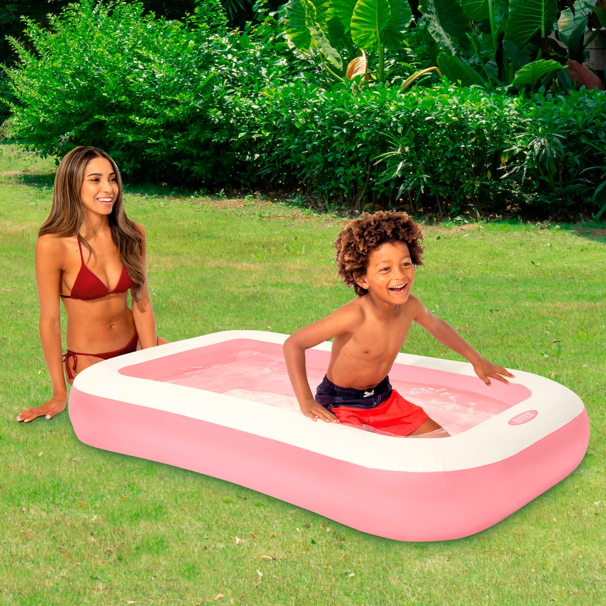 INTEX Piscina hinchable infantil rosa con suelo acolchado 166x100x25 cm
