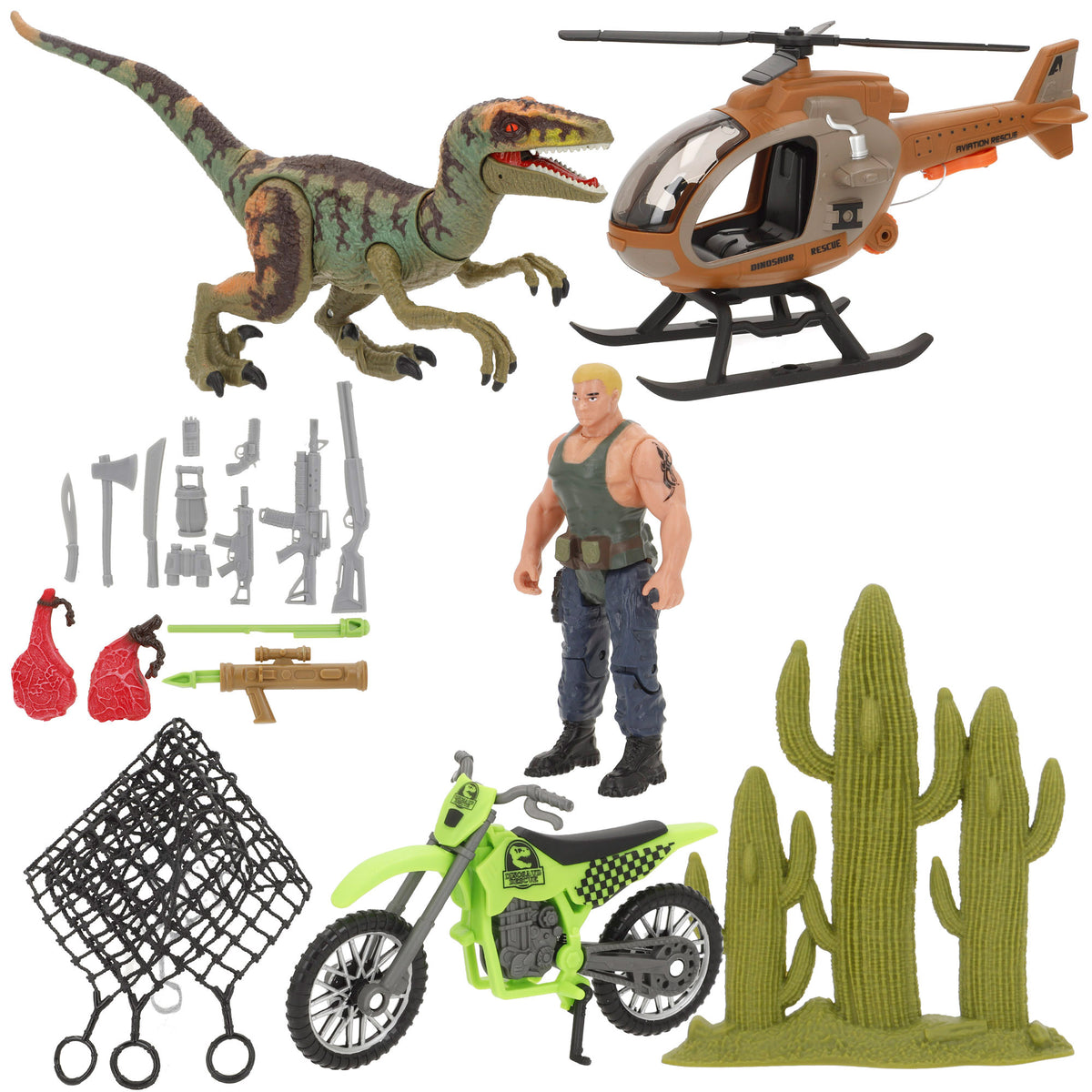 Set de dinosaurio con helicóptero, moto y explorador Animal World