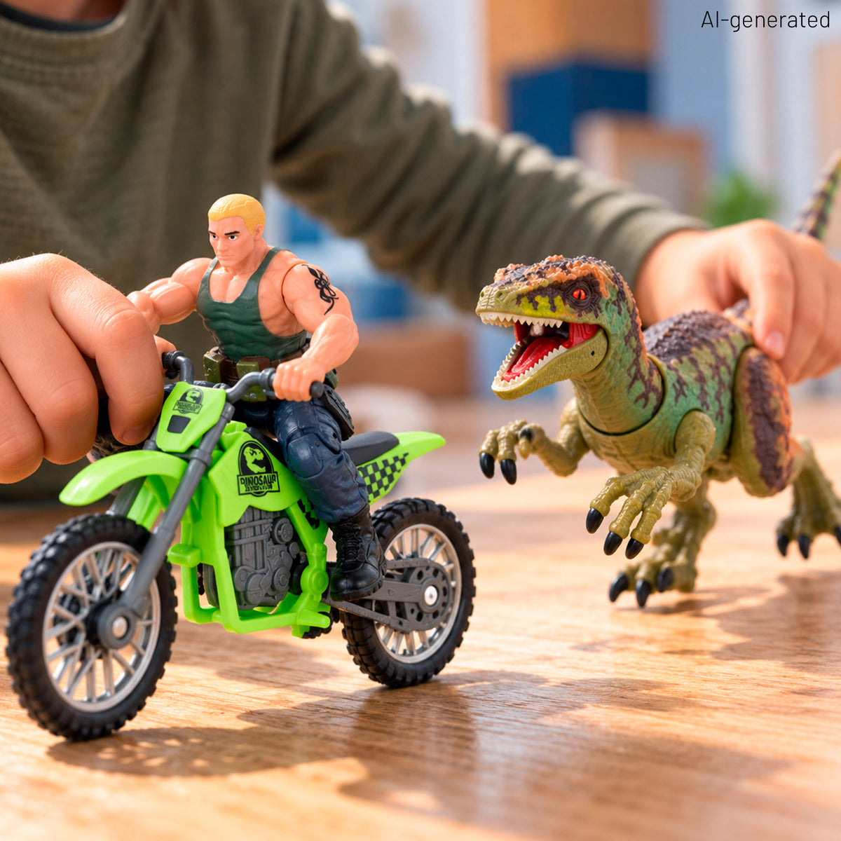 Set de dinosaurio con helicóptero, moto y explorador Animal World