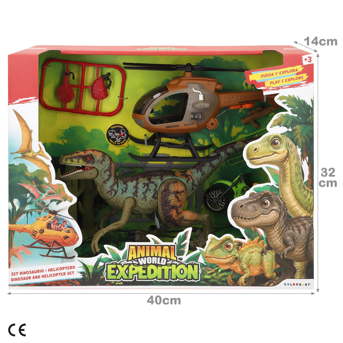 Set de dinosaurio con helicóptero, moto y explorador Animal World