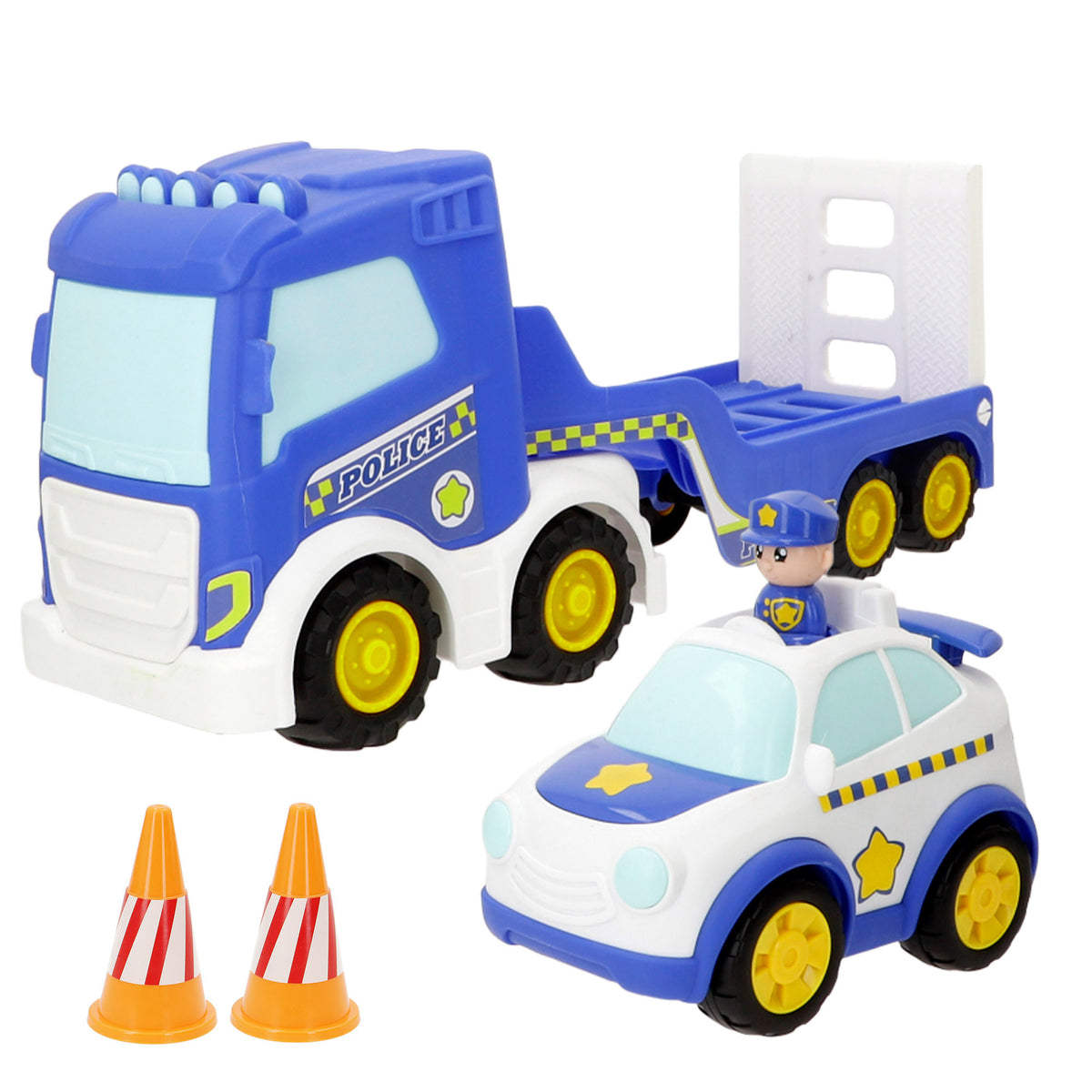 Camión portacoches de policía con coche Push & Go y 2 conos Teamsterz