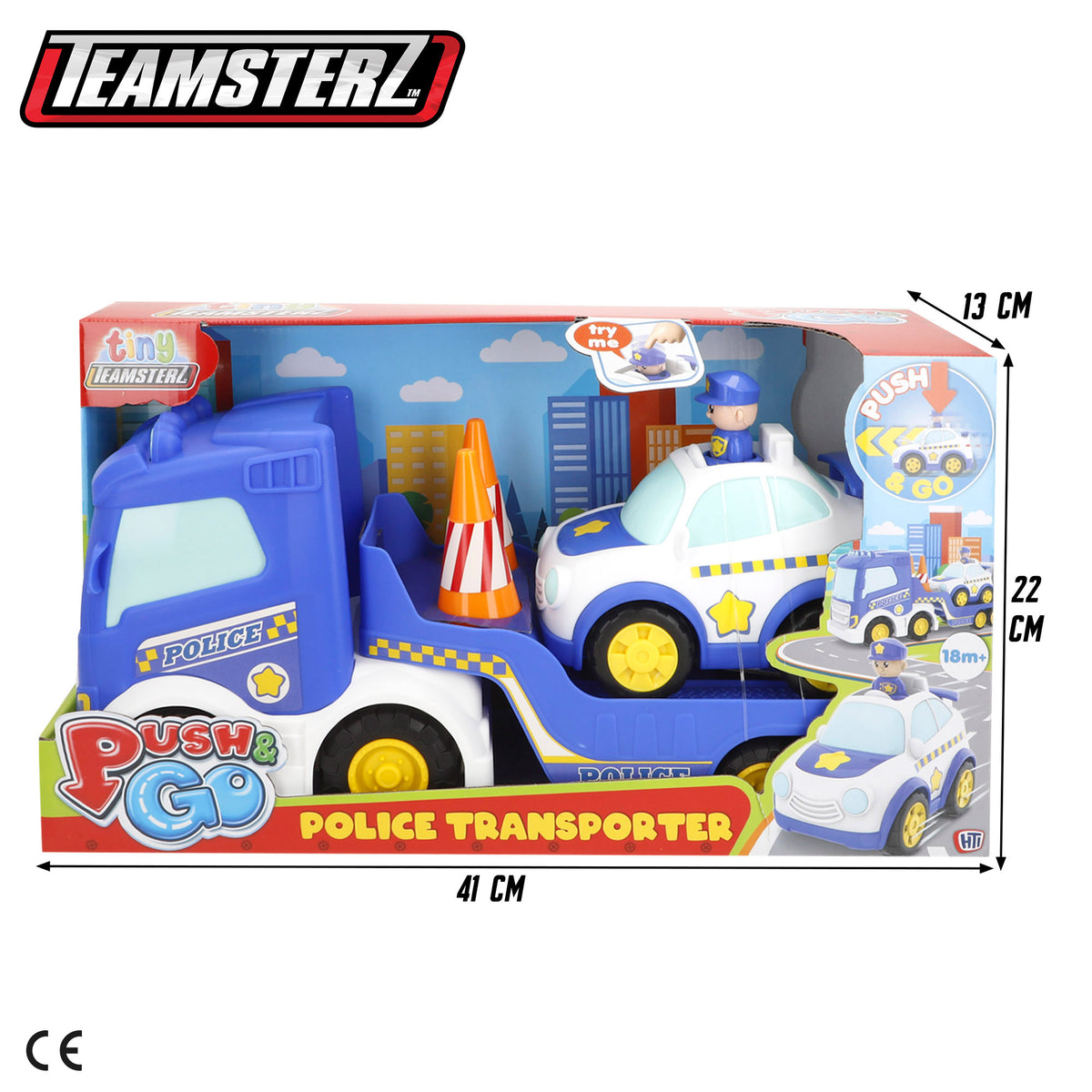 Camión portacoches de policía con coche Push & Go y 2 conos Teamsterz