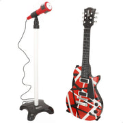 Guitarra eléctrica de rock 56 cm rojo, negro y blanco con micrófono de pie Bontempi