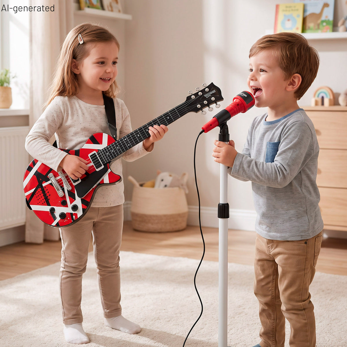 Guitarra eléctrica de rock 56 cm rojo, negro y blanco con micrófono de pie Bontempi