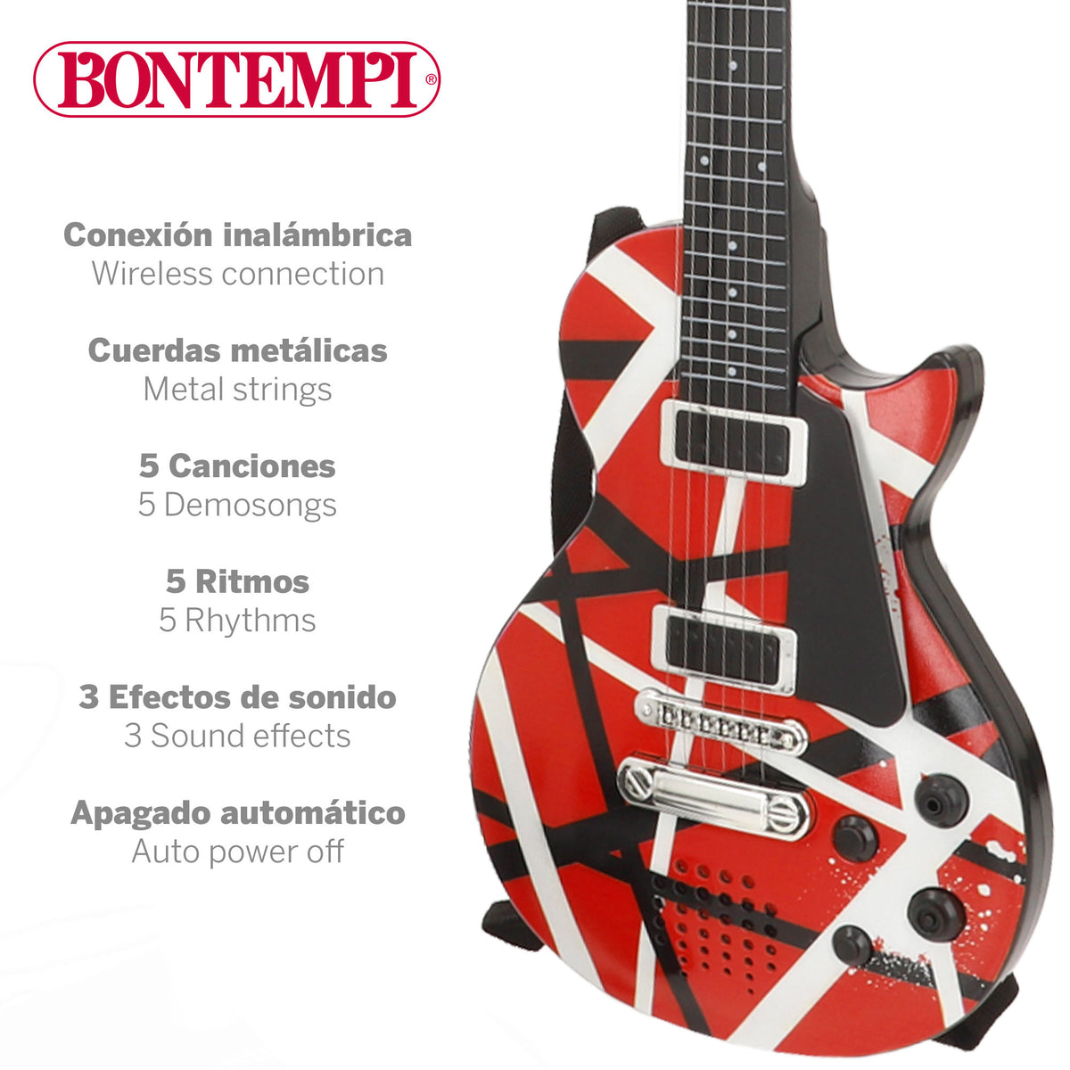 Guitarra eléctrica de rock 56 cm rojo, negro y blanco con micrófono de pie Bontempi
