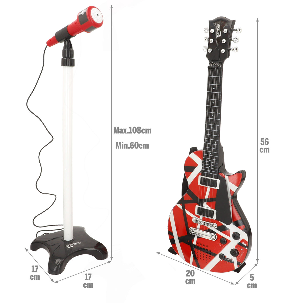Guitarra eléctrica de rock 56 cm rojo, negro y blanco con micrófono de pie Bontempi