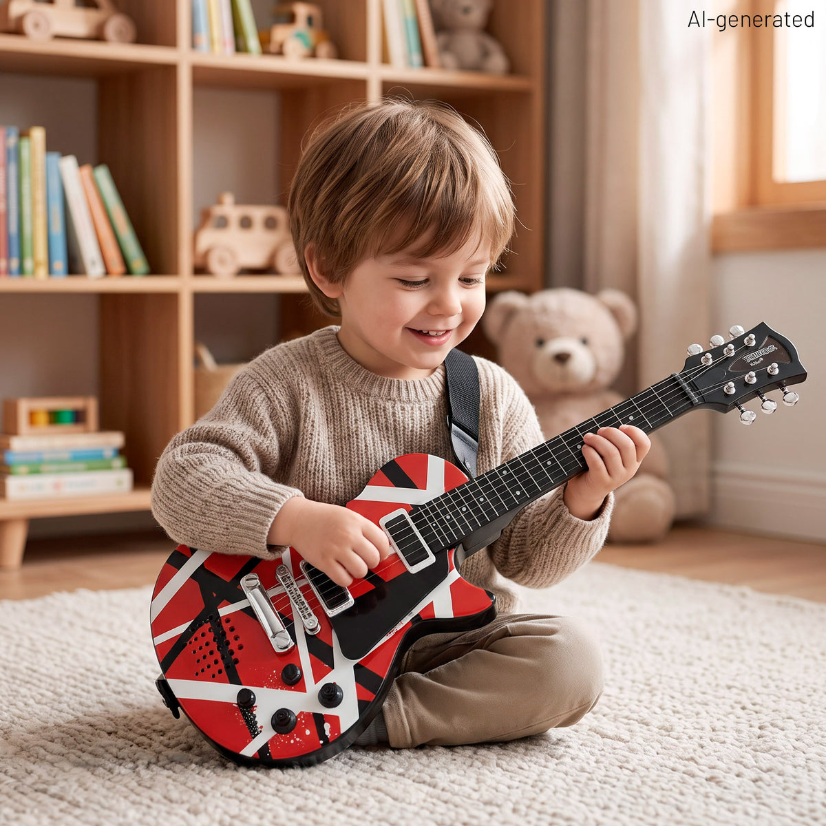 Guitarra eléctrica de rock 56 cm rojo, negro y blanco con micrófono de pie Bontempi