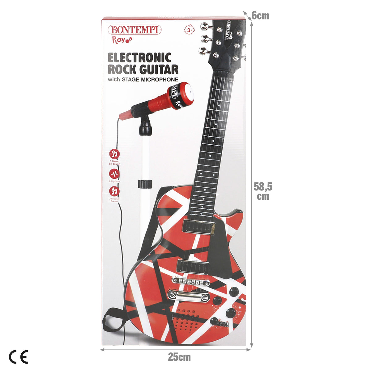 Guitarra eléctrica de rock 56 cm rojo, negro y blanco con micrófono de pie Bontempi