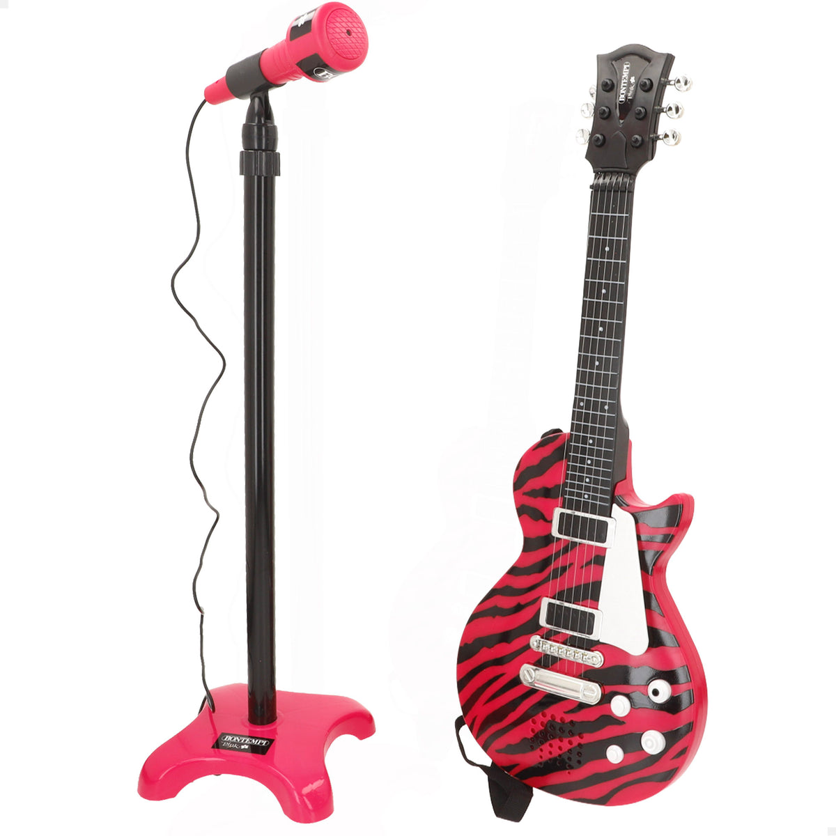 Guitarra eléctrica de rock 56 cm rosa y negro con micrófono de pie Bontempi