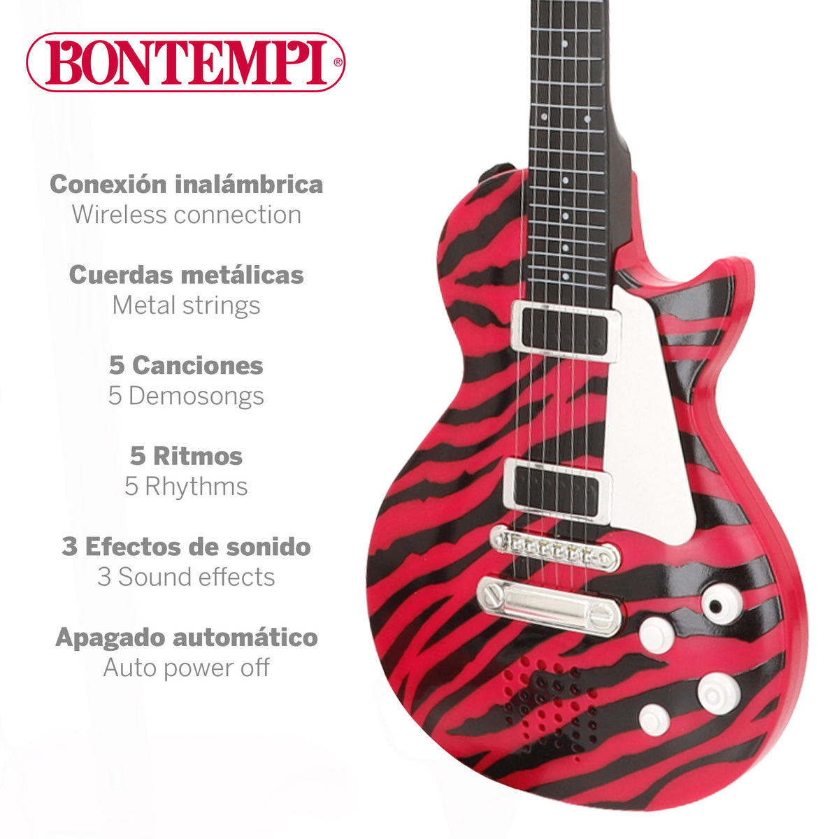 Guitarra eléctrica de rock 56 cm rosa y negro con micrófono de pie Bontempi