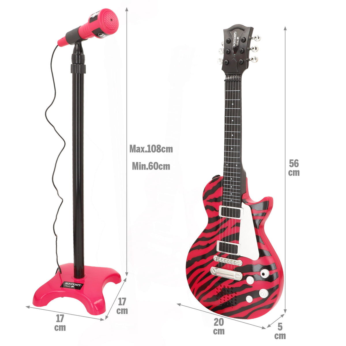 Guitarra eléctrica de rock 56 cm rosa y negro con micrófono de pie Bontempi