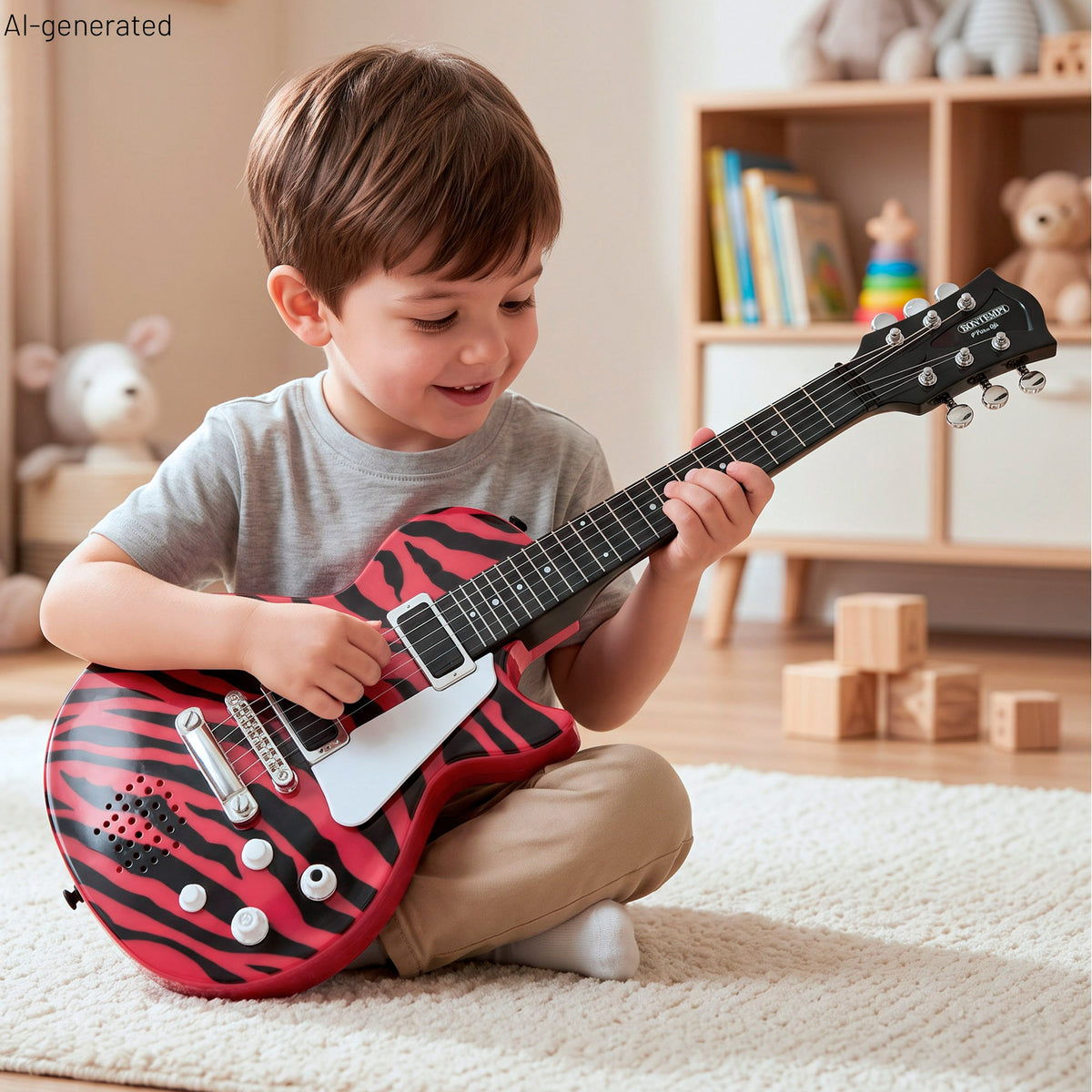 Guitarra eléctrica de rock 56 cm rosa y negro con micrófono de pie Bontempi